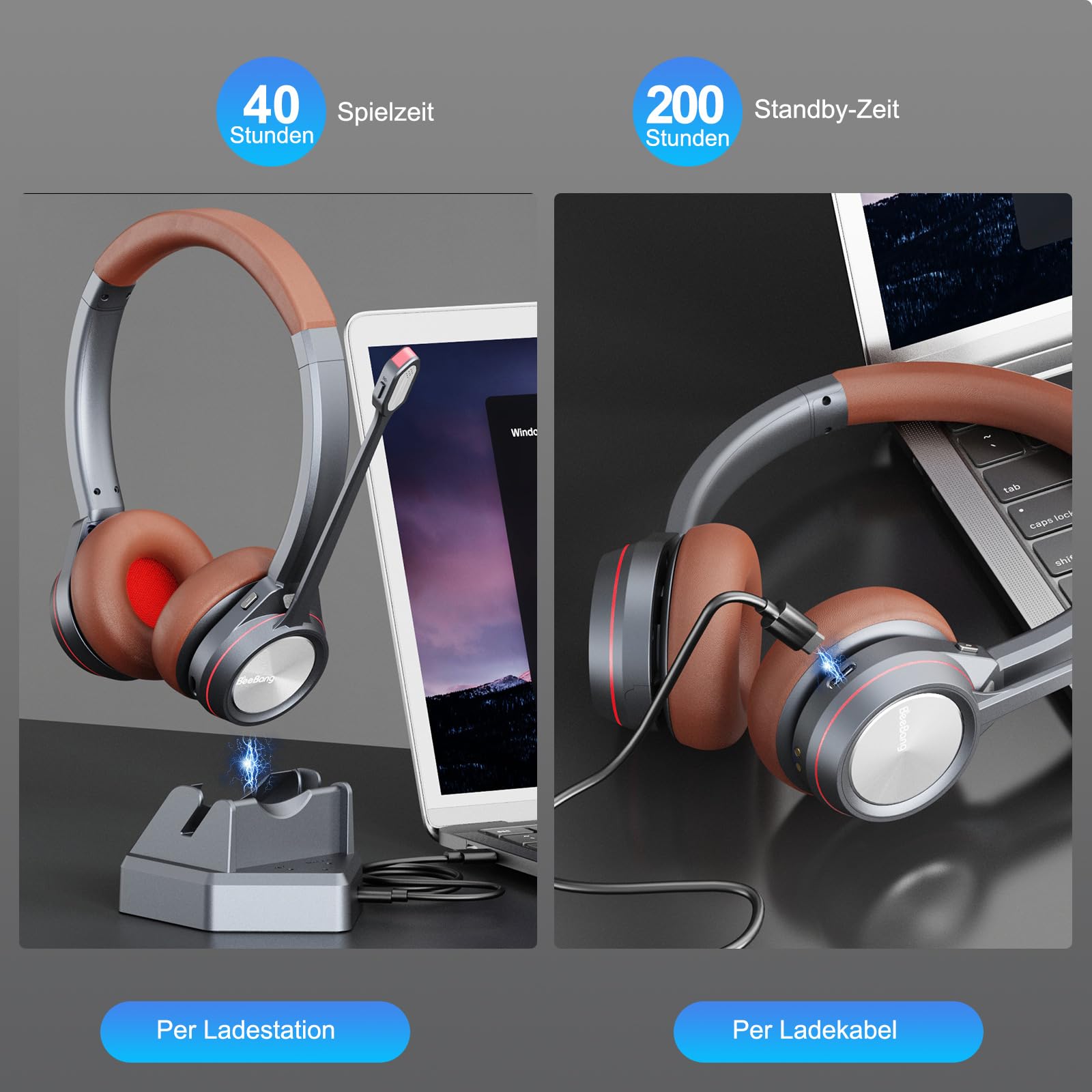 Bluetooth Headset mit Mikrofon, Wireless Headset mit Ladestation & USB Dongle für PC, 40 Stunden Sprechzeit Kabellos für Mac Computer Teams Zoom Laptop Büro Callcenter