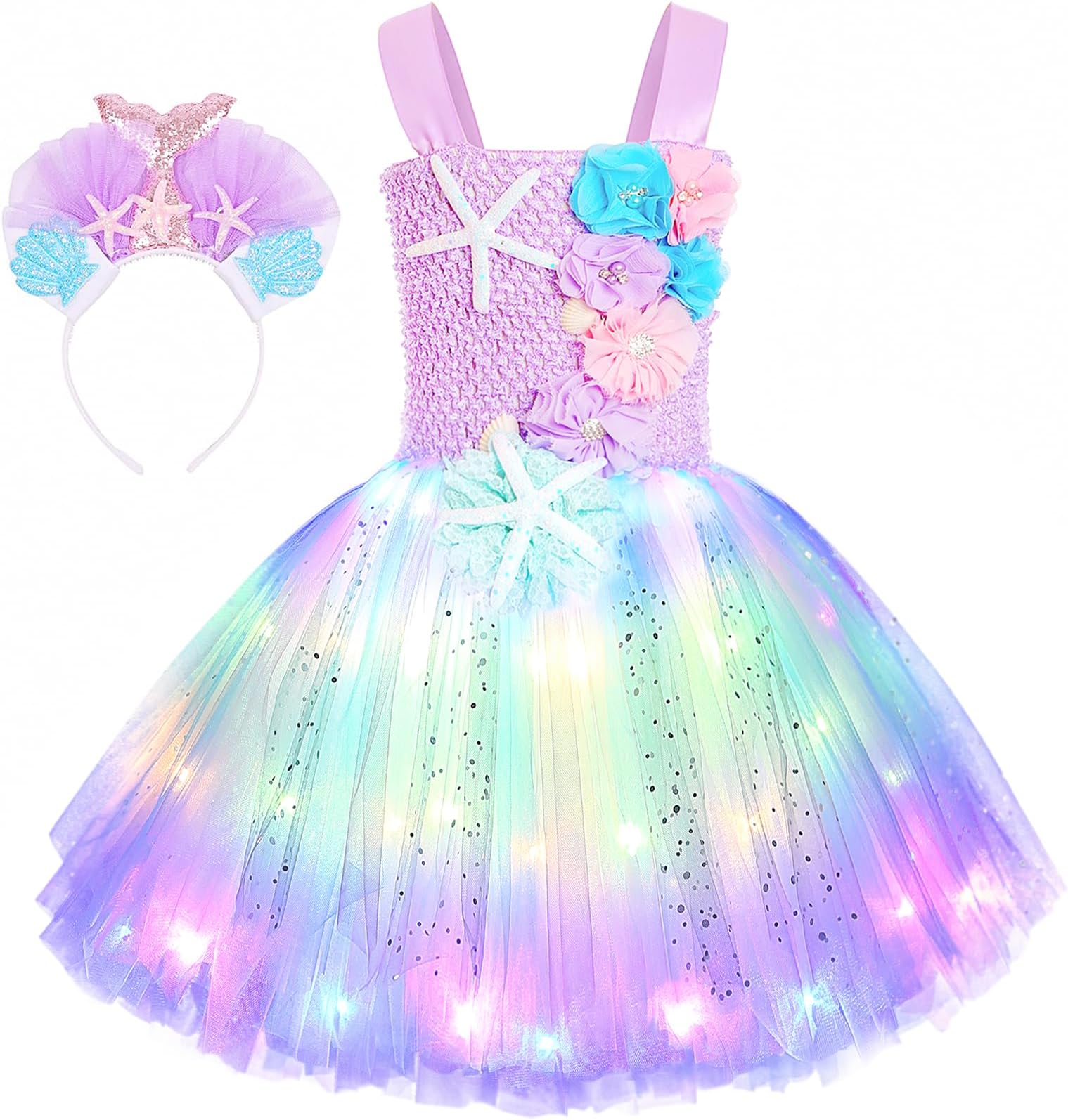 SKCAIHT Mermaid Costume Light Up Dress for Girls - Birthday Party Gifts, Decorations, Halloween Costumes (5-6 Years)