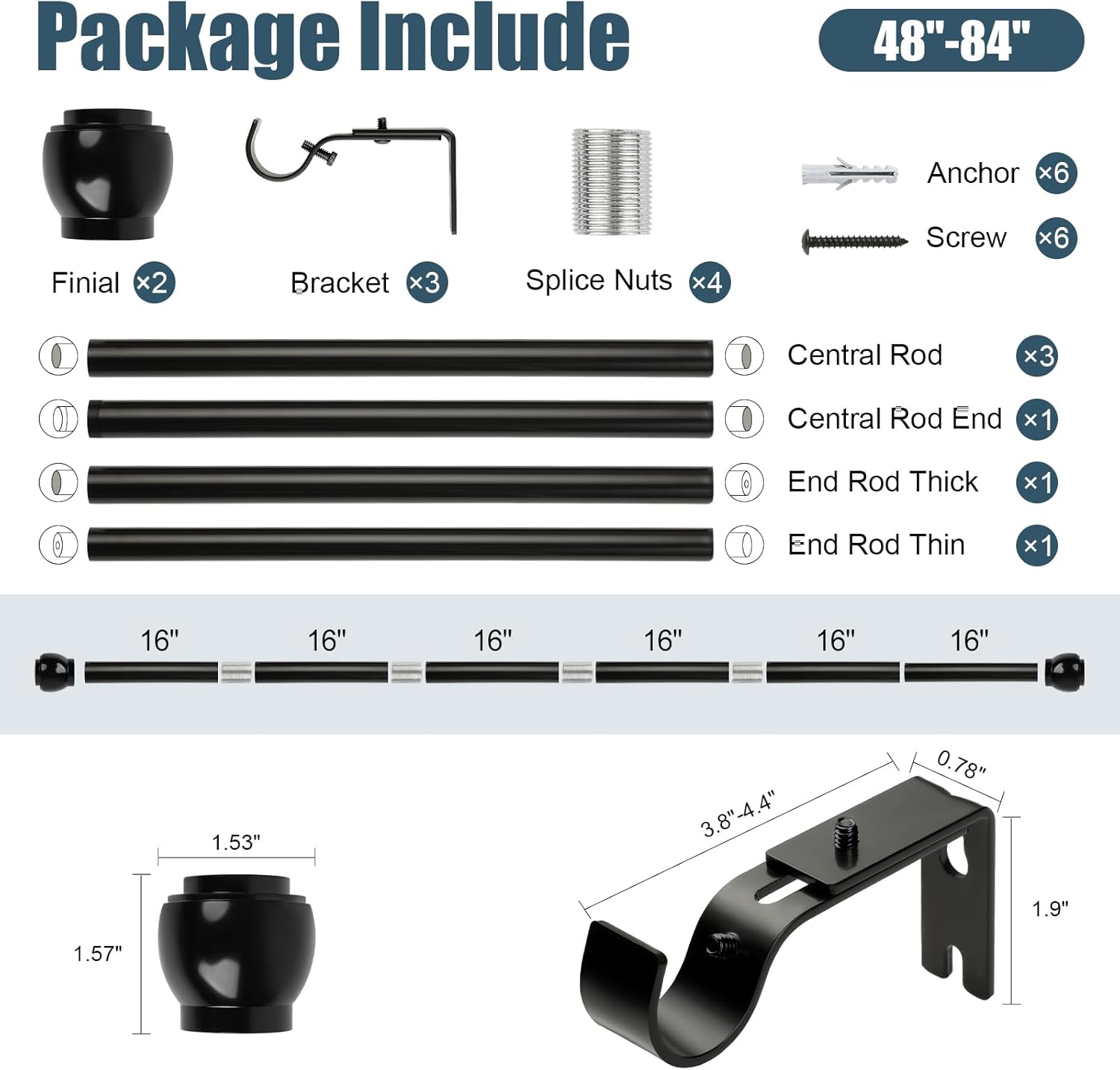 Curtain Rods for Windows 48" to 84",Single Window Rods 1" Diameter Drapery Telescoping, Adjustable Heavy Duty Curtain Rod with Brackets