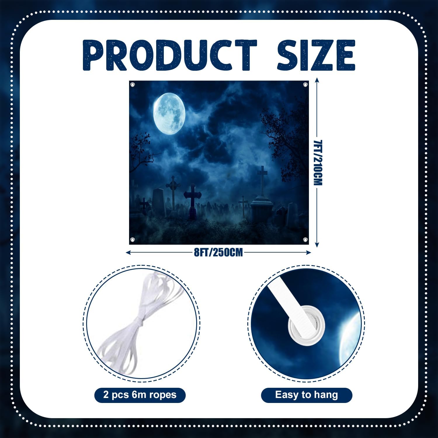 7x8ft Halloween Haunted Cemetery Garage Door Decor Full Moon Tombstones Ghostly Figures Motif Garage Door Cover for Indoor Outdoor Celebration Festive Background Decor