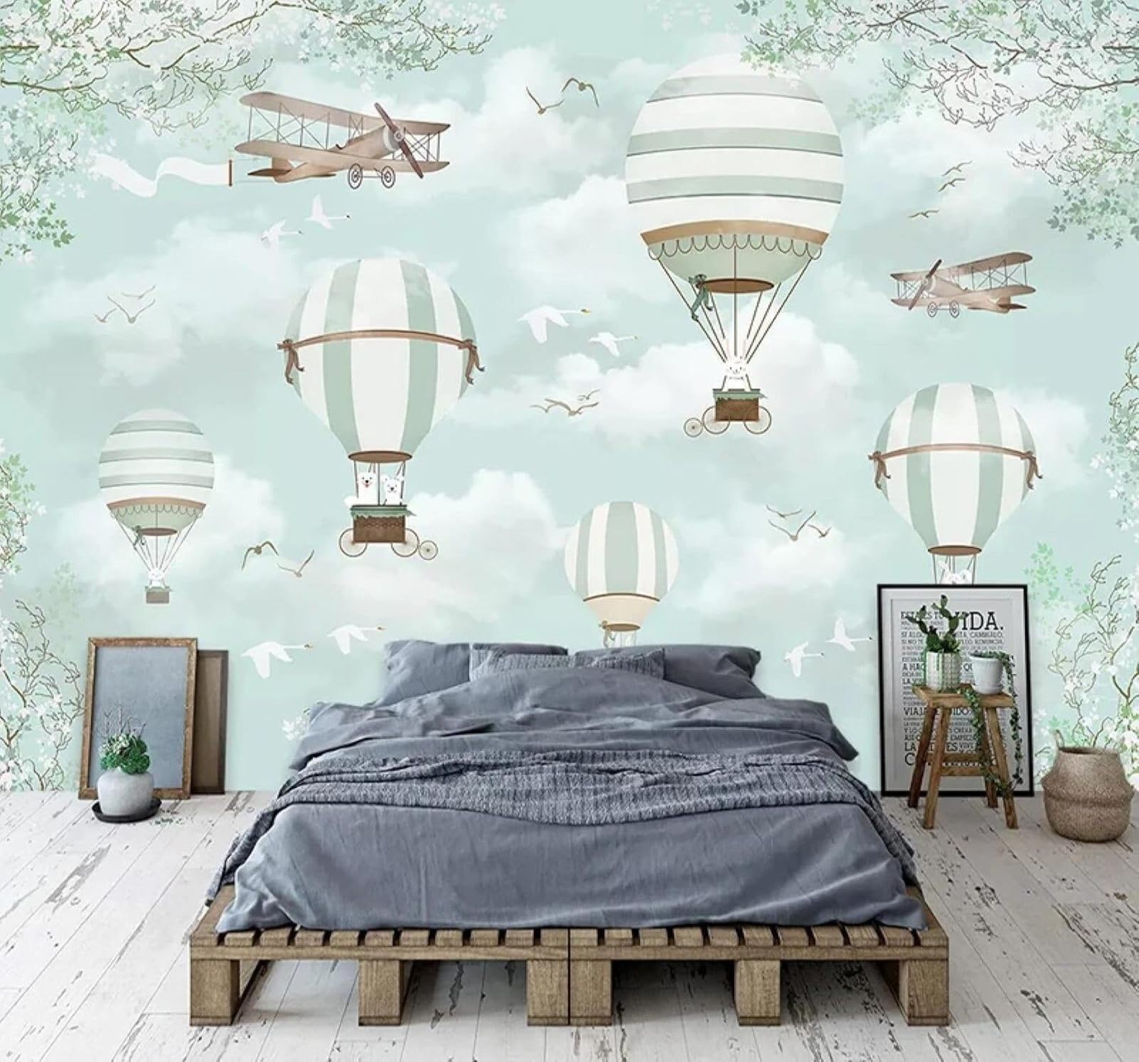 XLMING Fresh Green Cartoon Hot Air Balloon Aeroplane 3D Wallpaper Luxury Home Dining Decor Paste Sofa Living Room The Wall for Bedroom Mural-350cm×256cm