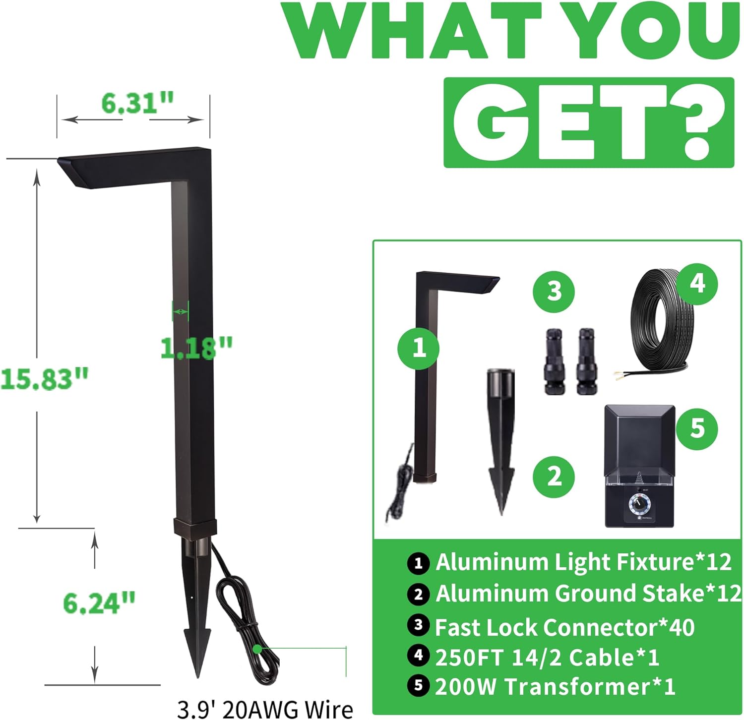 LED Pathway Lights Kit, 12 Pack 3CCT Landscape Path Lights and 200W Transformer and 250FT Cable and 40 Wire Connectors, Low Voltage Outdoor Waterproof, Black Aluminum for Lawn Garden