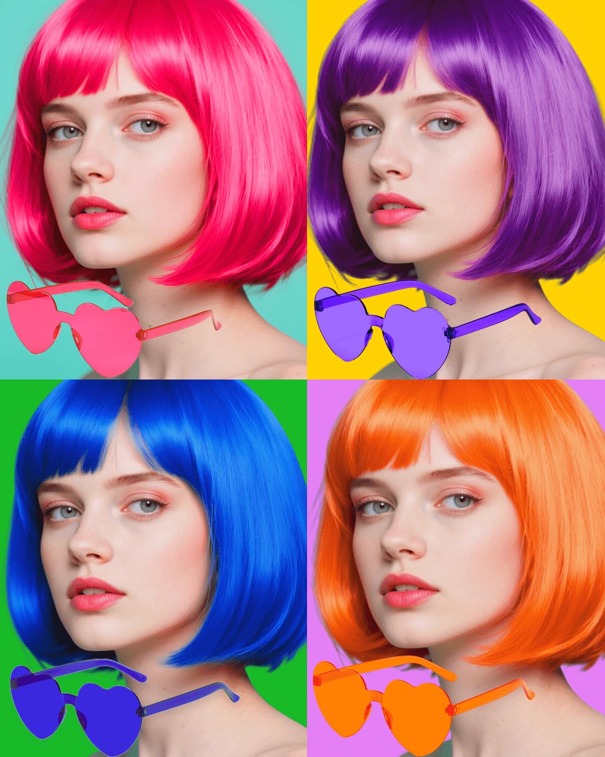 FSLLZCJY Women’s Bob Wigs with Sunglasses for Costume Party Cosplay Short Neon Colored Wigs Synthetic Hair Colorful Wigs for Bachelorette Party