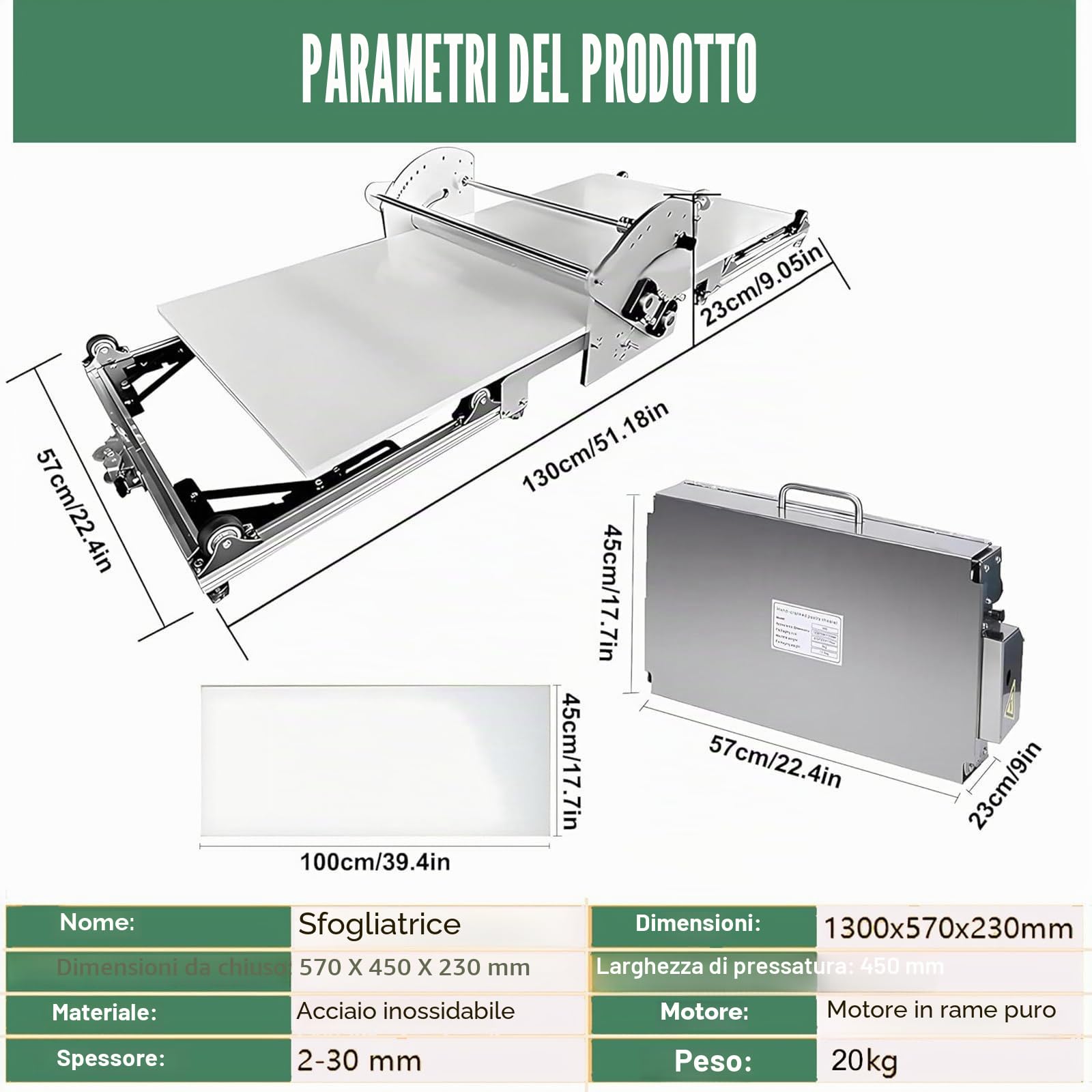 Sfogliatrice Pieghevole da 22,4", Stendipasta Elettrico, in Acciaio Inox, con Spessore Regolabile da 2 a 30 Mm, per Uso Domestico E Commerciale
