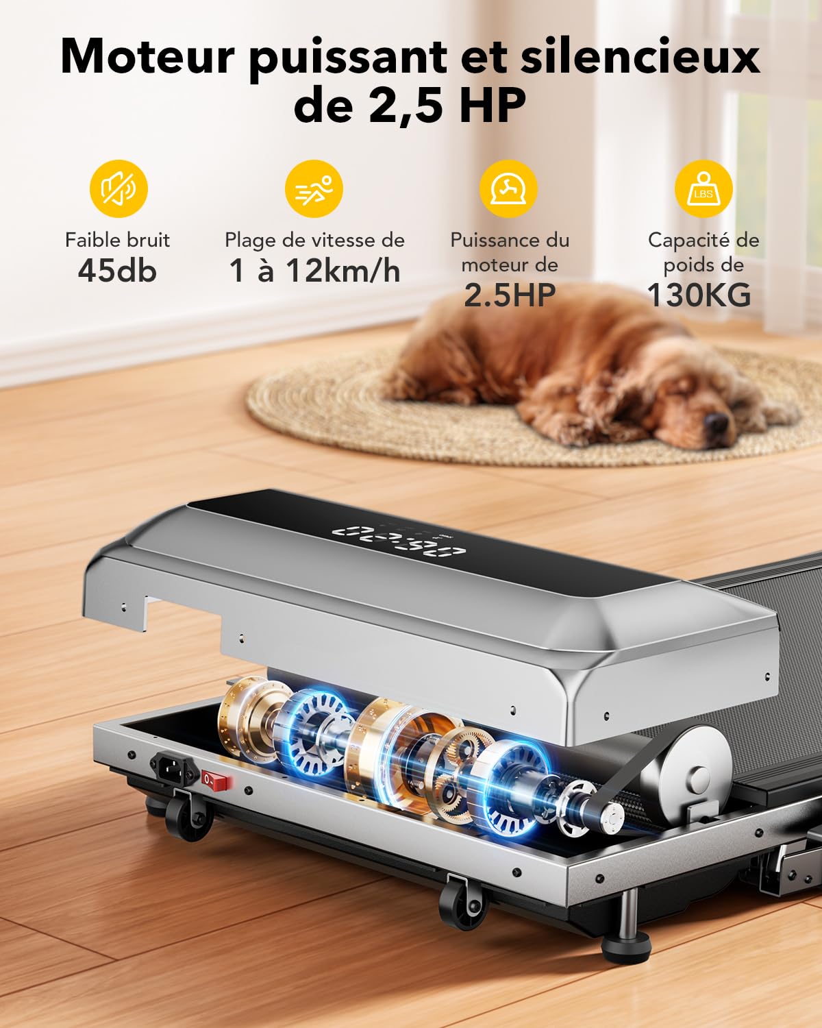 Explodoval view of the TOPUTURE Ctm216 Treadmill's 2.5 HP motor and internal shock absorption system.