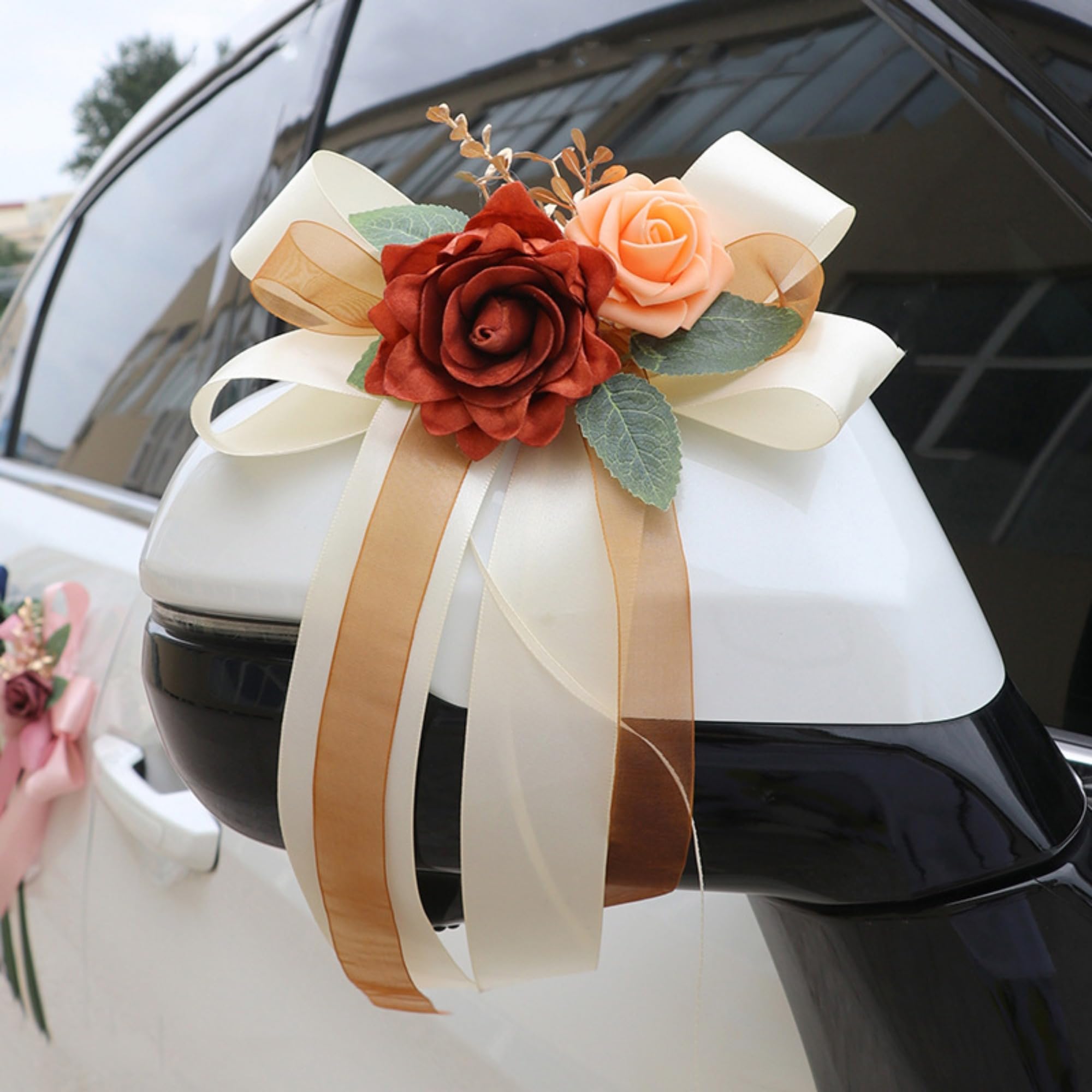 ZBELLO 6 Pcs Wedding Car Ribbon, Car Bow for Rearview Mirrors und Car Door Handle, Rose Flowers for Wedding Car Decorations (Orange)