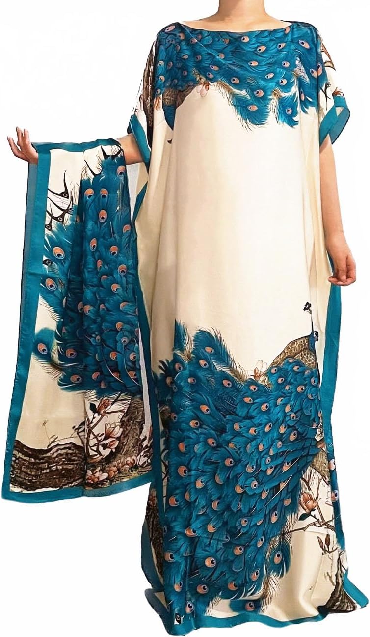 Women's Print Kaftan & Scarf Set, Boat Neck Silky Shawl Dress, Elegant Boho Chic Cape Wrap for Swimsuit Cover Up