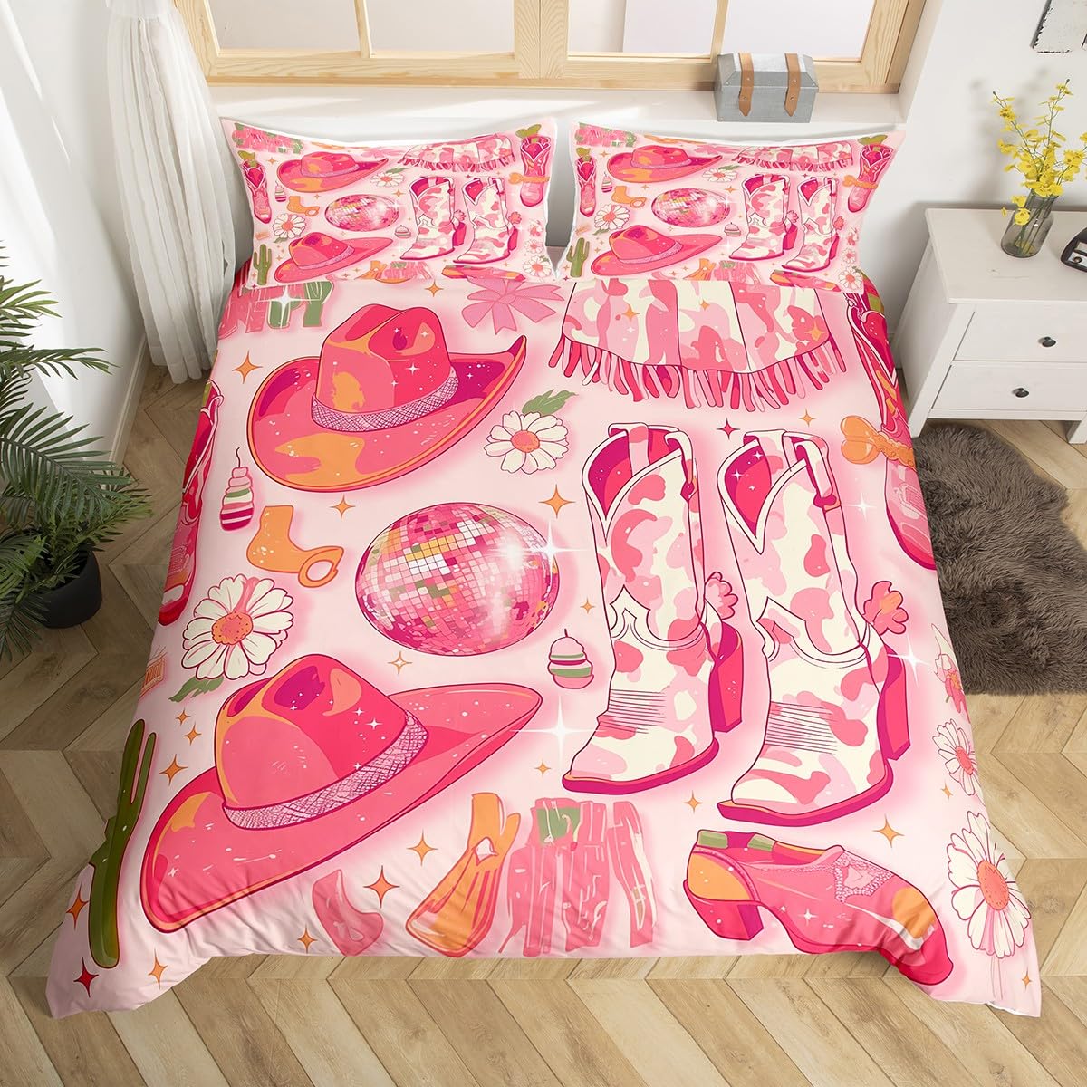 jejeloiu Girls Pink Western Decor Bedding Set Wild West Cowgirl Hat Boots Duvet Cover Toddler Star Print Rodeo Cowgirl Style Comforter Cover Set Disco Mirror Ball Bedspread Cover