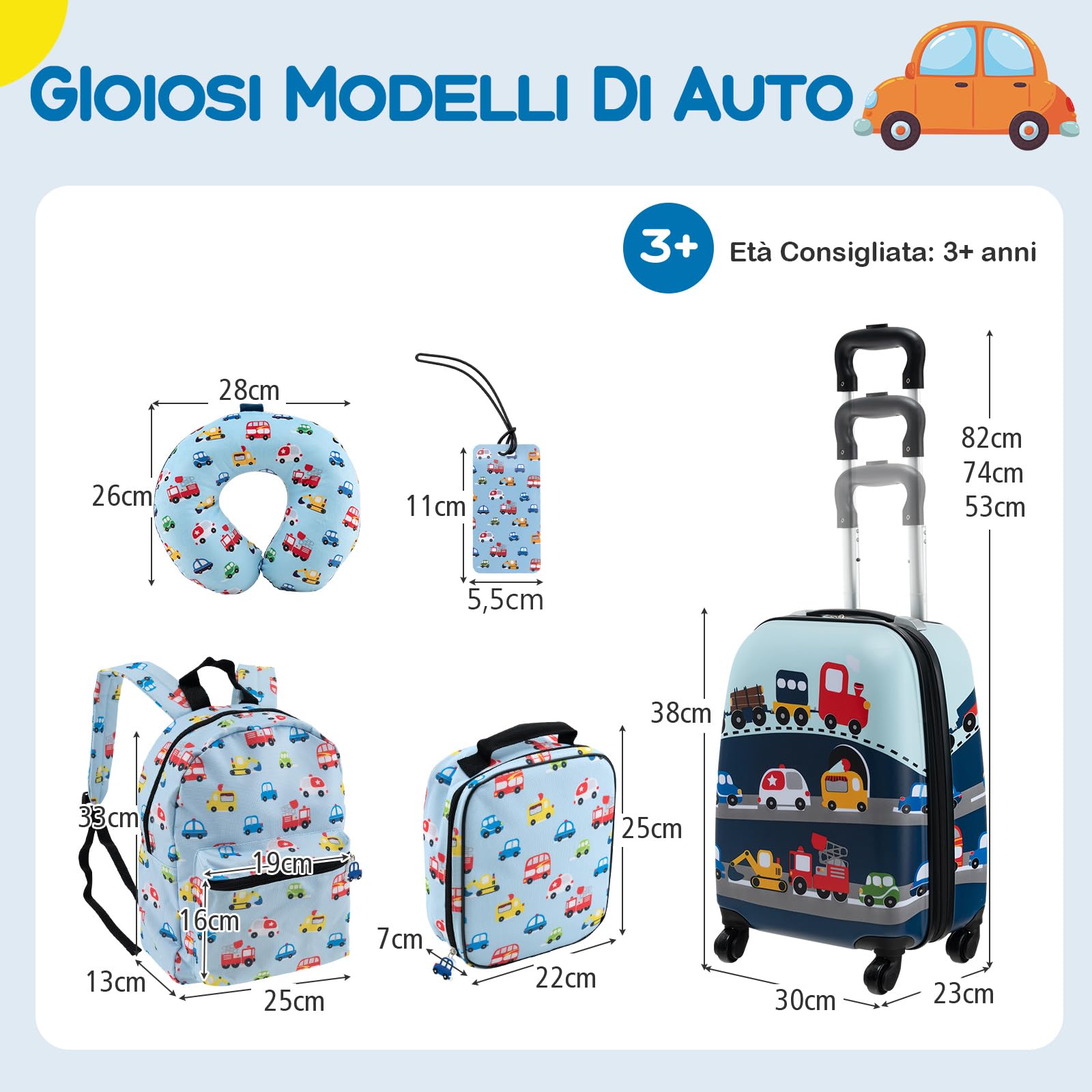 GYMAX Set Valigie per Bambini da 5 Pezzi con Trolley 38 cm, Zaino 33 cm, Cuscino per il Collo, Borsa per il Pranzo Isolata, Etichetta per Bagagli, per Viaggio Scuola (Auto)