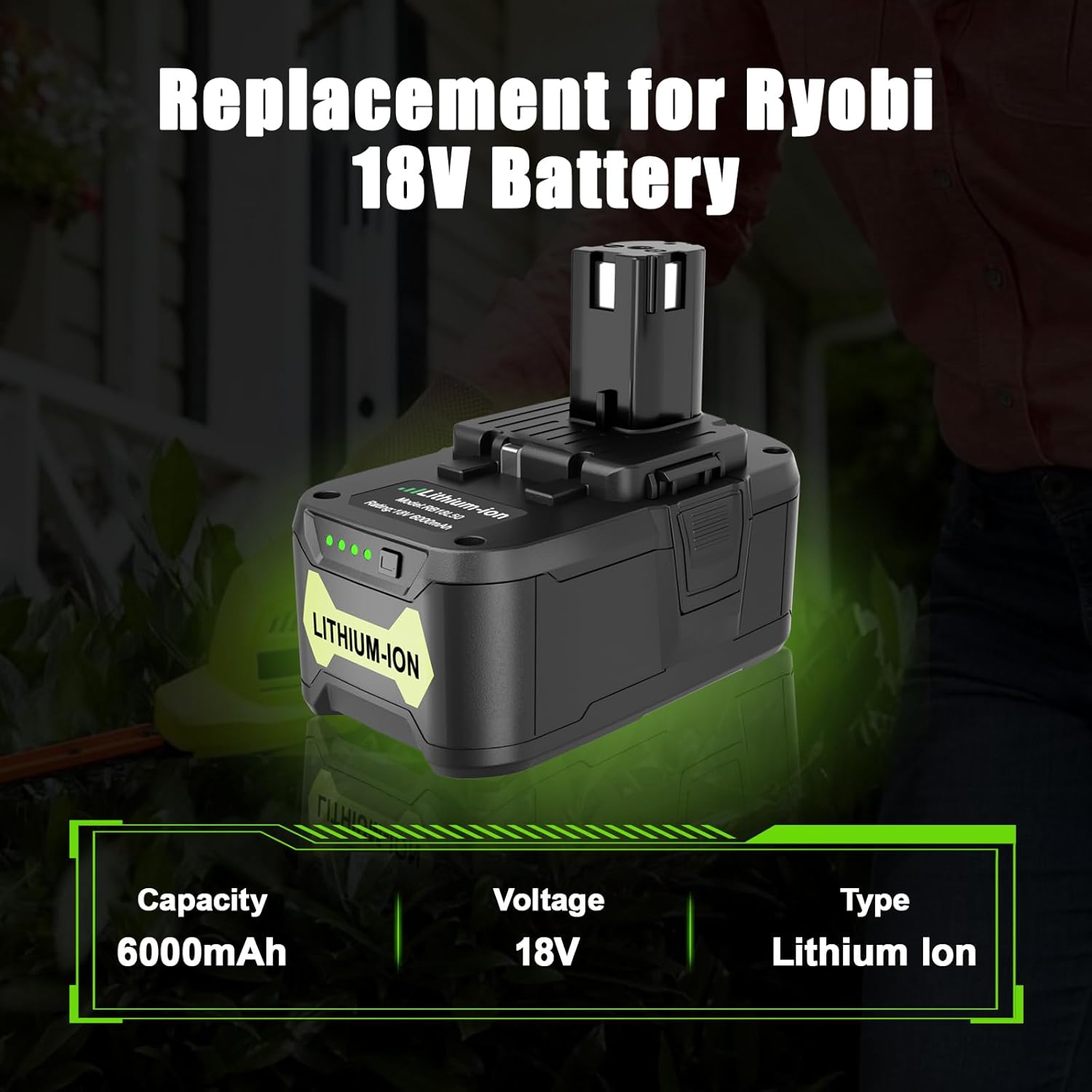 KUNLUN 6.0Ah 18V Lithium Battery Compatible for Ryobi 18 Volt ONE+ P102 P103 P104 P105 P107 P108 P109 P122 Cordless Tools 2-Pack - Image 6
