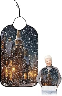 Kewadony Adult Bibs for Elderly Women - Christmas Waterproof Dining Clothing Protectors with Crumb Catcher for Eating/Feeding, Christmas Town Xmas Winter Snowflake Terry Cloth Bib Machine Washable