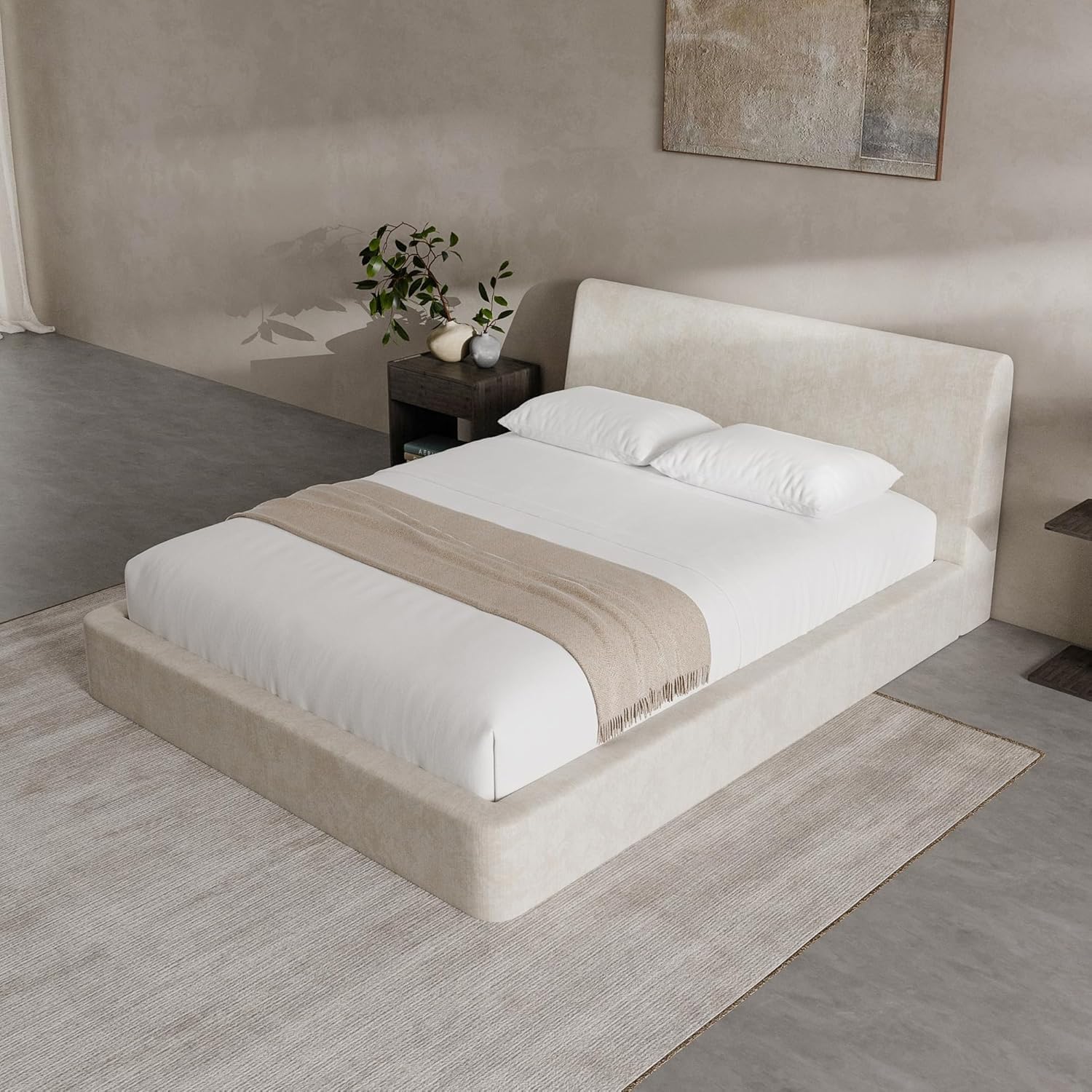 RECCI Polsterbett 160x200 cm, Weiches Schaumstoff-Bettgestell mit Ergonomischem Kopfteil, Vollgepolstertes Cloud-Design, Ohne Boxspring, Einfache Montage (Beige)