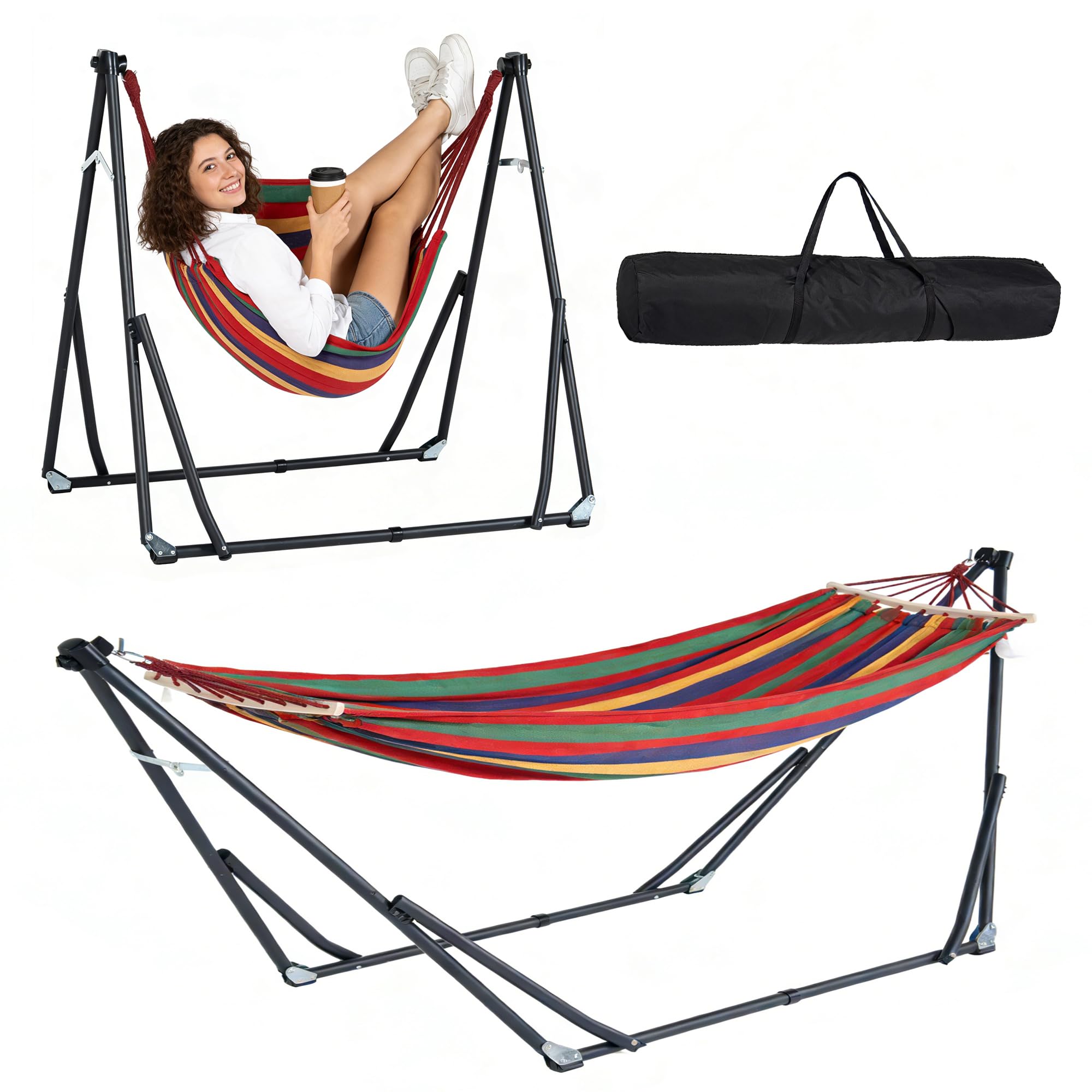 AuraCraft Hängematte mit Gestell & extra Hängesessel, 2-in-1 klappbares Set bis 200kg, verstellbare Canvas Hängematte mit Aufbewahrungstasche für Garten Balkon Terrasse Camping