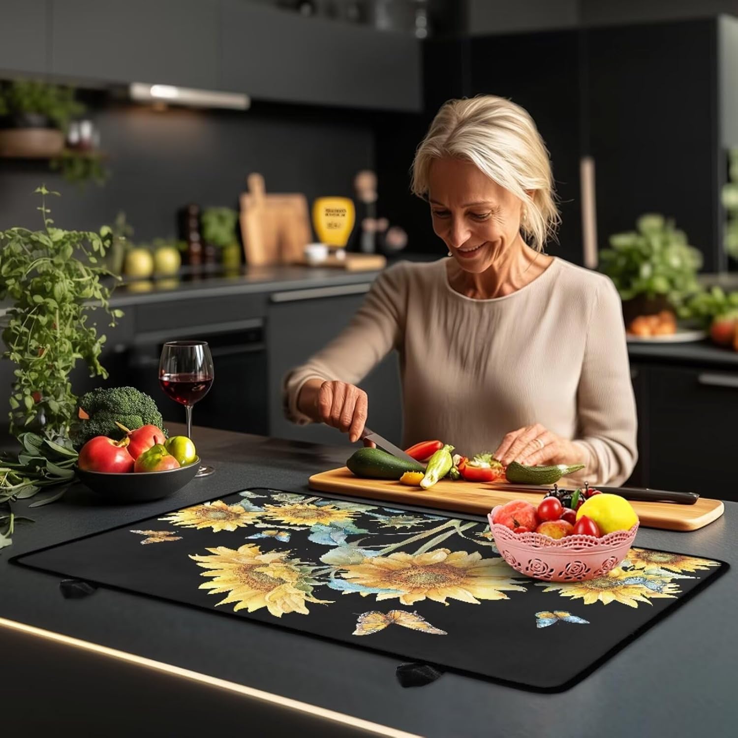 Glass Ceramic Top Stove Cover Anti-Scratch Universal Induction Cooktop Protector Mat for Electric Stove with Non-Slip Rubber Backing, 29 x 21 Inch, Sunflower Butterfly Black Print