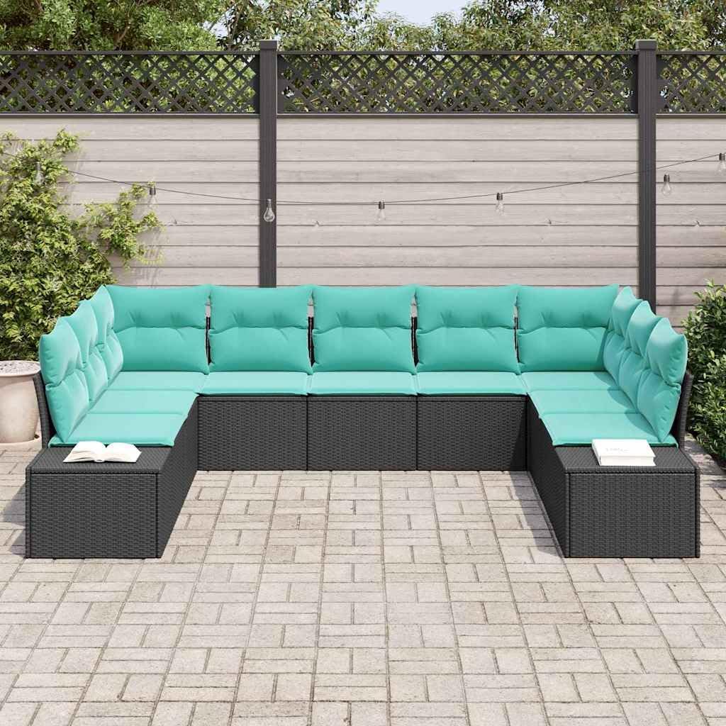 Modular Garden Sofa Set 9 pcs Black and Turquoise Poly Rattan with Comfortable Cushions, Durable Outdoor Furniture for Patio, Backyard, Poolside, Balcony, Easy Assembly, All Season Use
