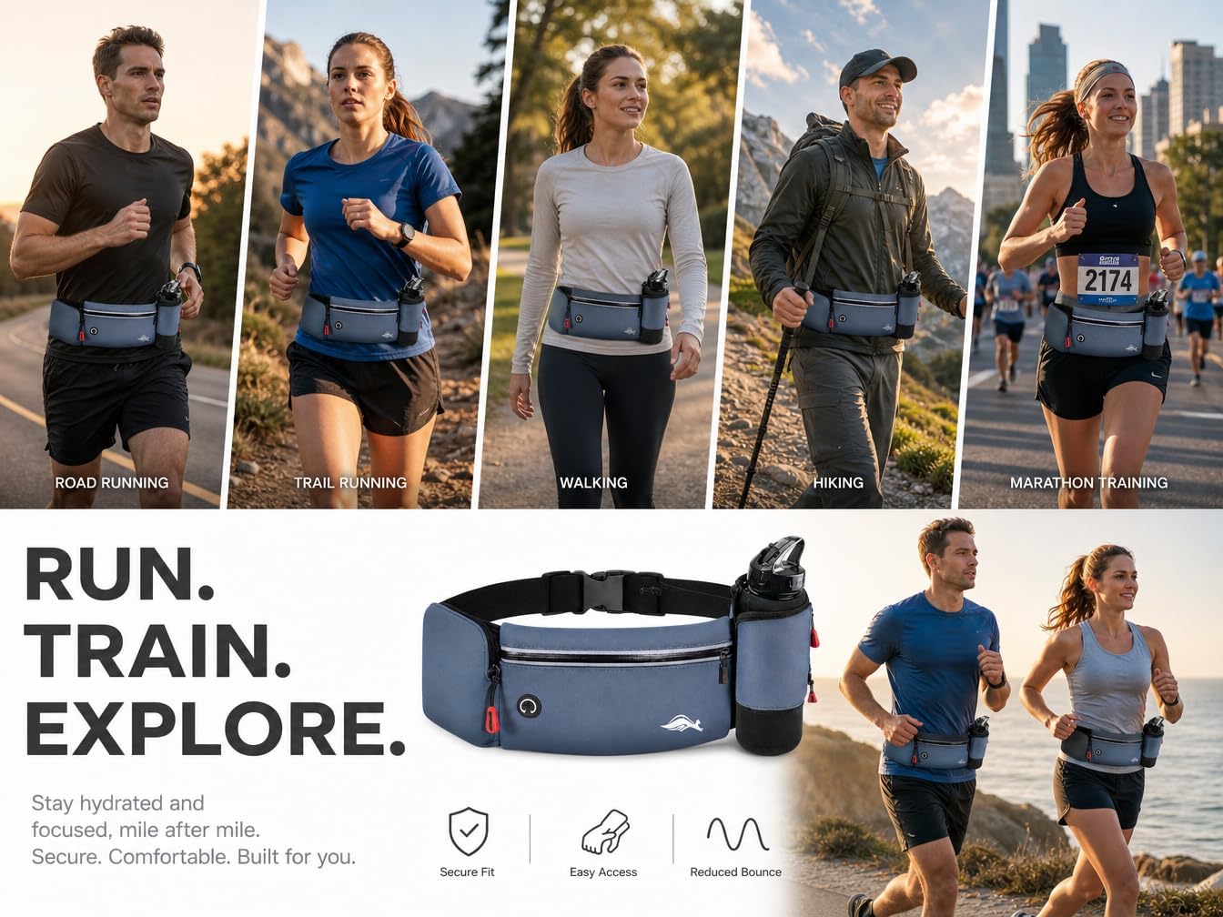 Running Belt Waist Pack for Men & Women, Adjustable Sports Fanny Pack with Zipper Pocket for Running, Walking, Hiking, Travel, Gym Workout (Light grey)