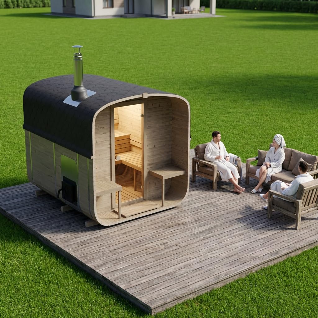 Fasssauna Gartensauna aus Fichtenholz mit Holzofen ETNA – 4–6 Personen