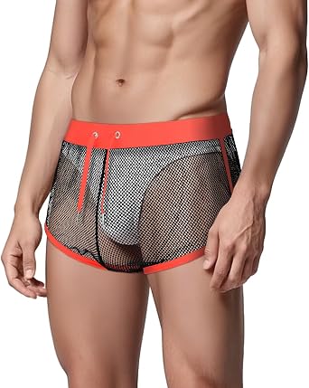Mens Mesh Fishnet Boxer Shorts Breathable Elastic Drawstring Sheer See Through for Gym Lounge Party