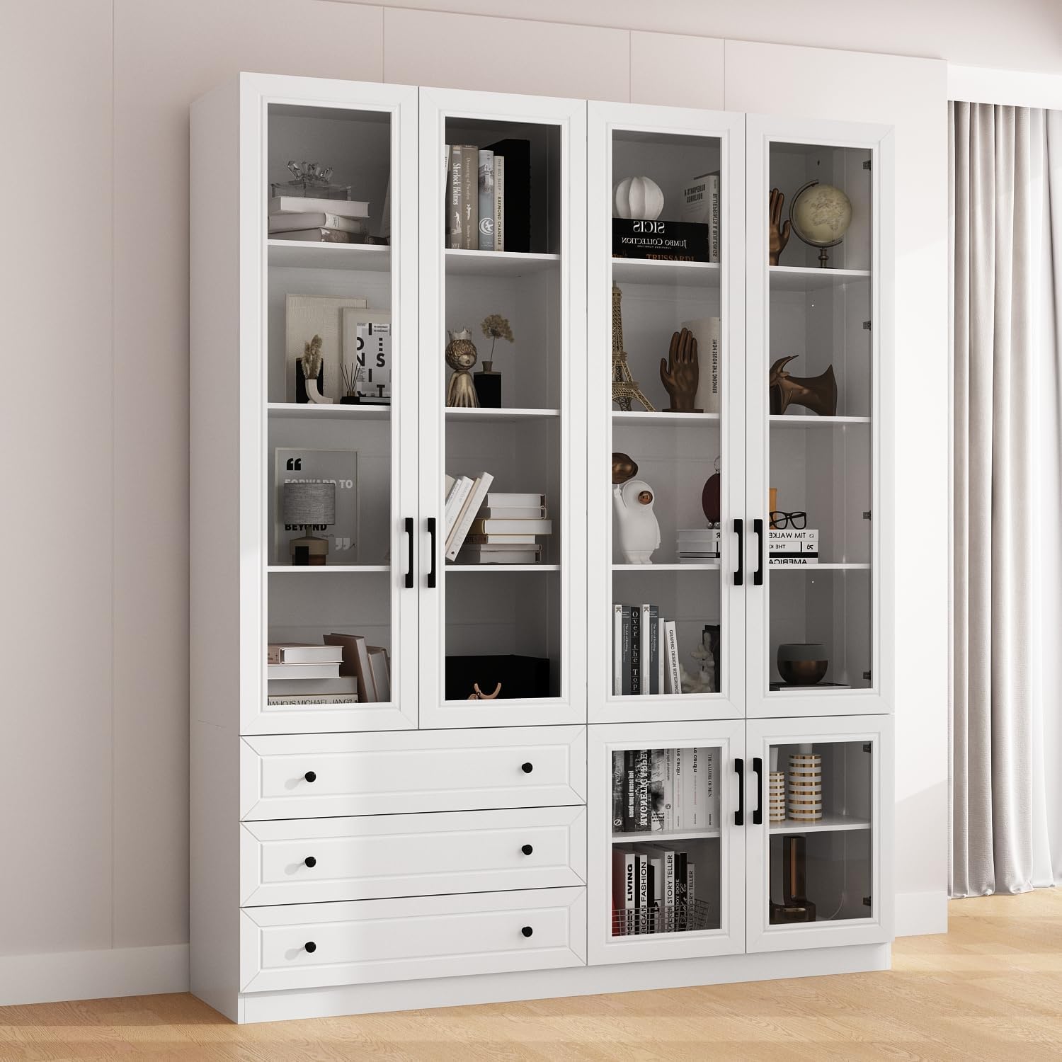 Display Cabinet with Glass Doors, 63" W Bookshelf with Lights in 7 Color Mode, Large Home Office Storage Cabinet with 3 Drawers, Collectibles Cabinet Display Case for Living Room, White