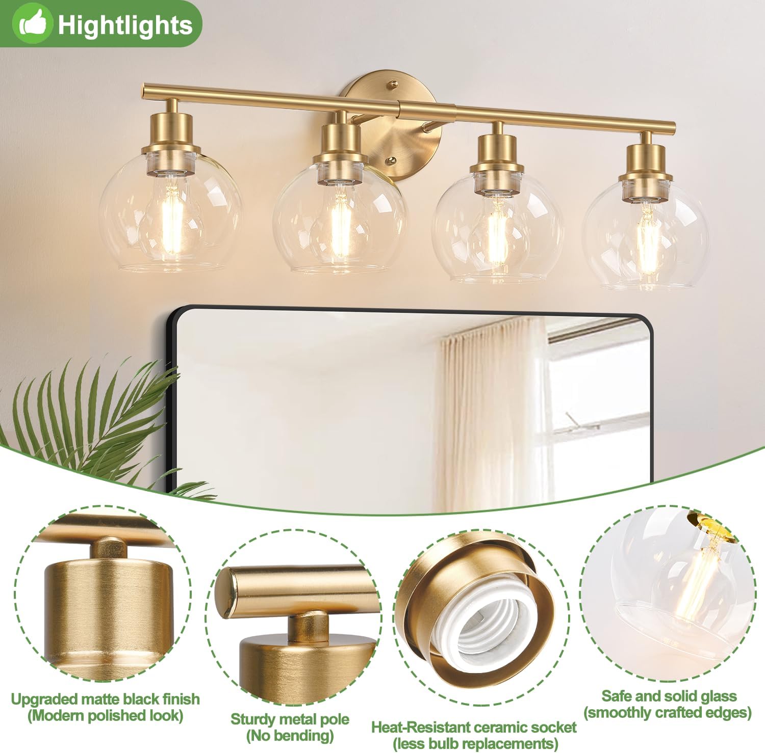 Indoi 4-Light Bathroom Light Fixtures,Gold Modern Vanity Lights Over Mirror with Clear Glass Globe Shade, Bathroom Wall Sconces for Mirror Kitchen Living Room Hallway Cabinet Bedroom Porch image 3