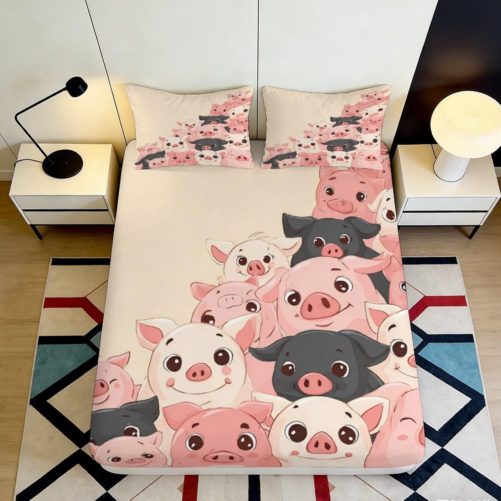 3D Printed Cute Pig Cartoon Fitted Sheet Microfiber Soft Bed Cover Pink Black Animal Pattern for Bedroom Guestroom Decor 90x200x25cm