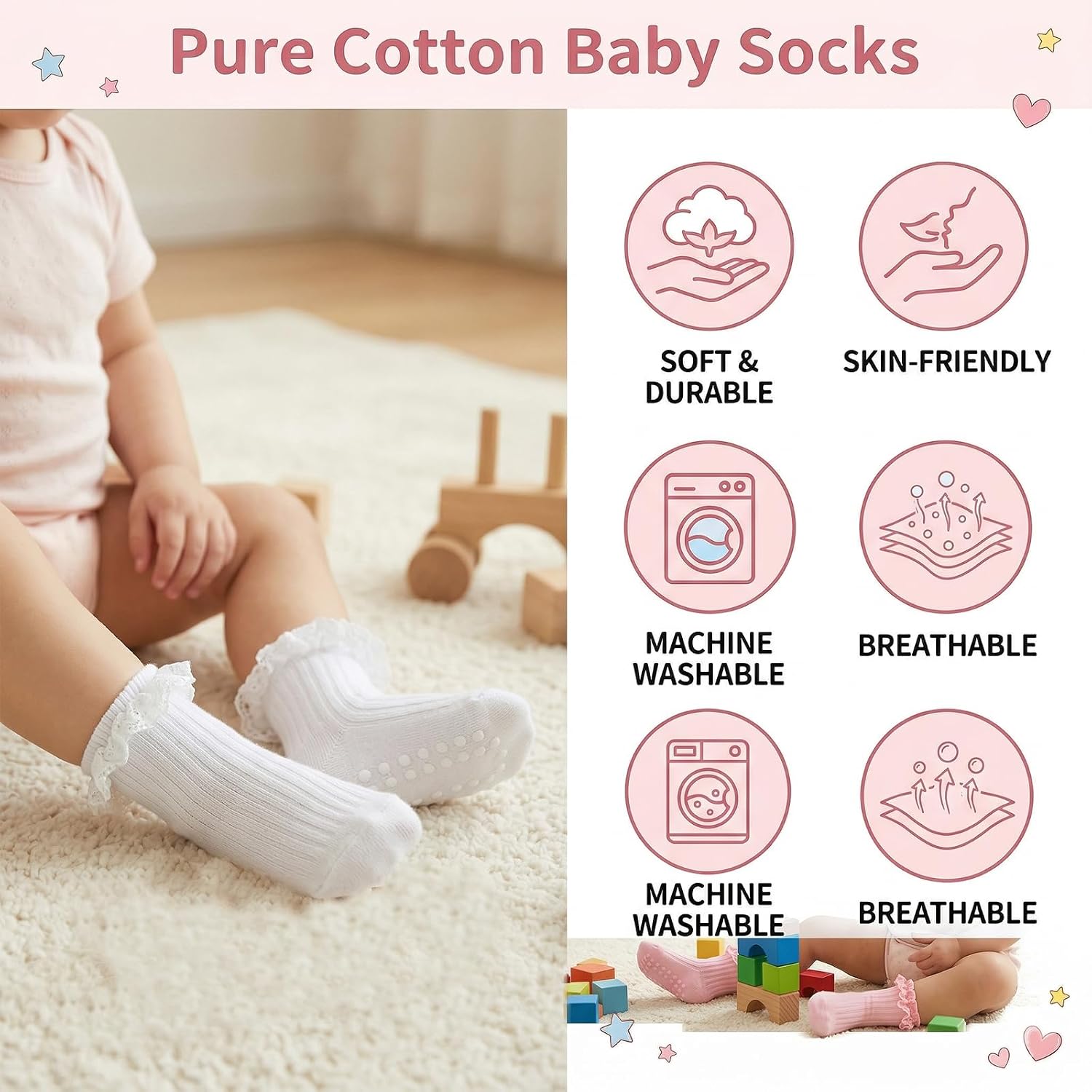 5 Pairs Baby Girls Socks Non Slip Ruffle Socks Cute Ankle Sock Comfort Frilly Grippy Sock for Newborn Infant Dress Shoes