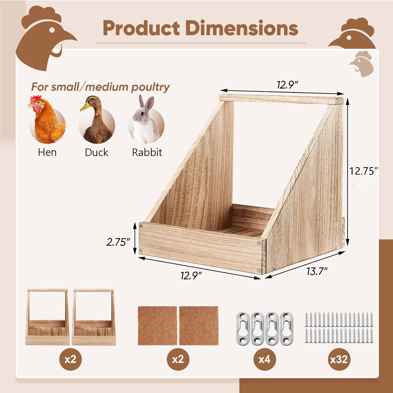 2 Pack Chicken Nesting Box, Wooden Chicken Coop, Chicken Coop Accessories, Chicken Laying Nest Box for Poultry Farm, Poultry Nesting Boxes with Nest Box Pads