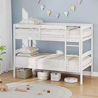 Giantex Bunk Bed Twin Over Twin, Solid Wood Detachable Bed Frame with High Guardrails & Integrated Ladder, Wooden Slatted Bunk Bed for Kids & Teens, No Box Spring Needed, White