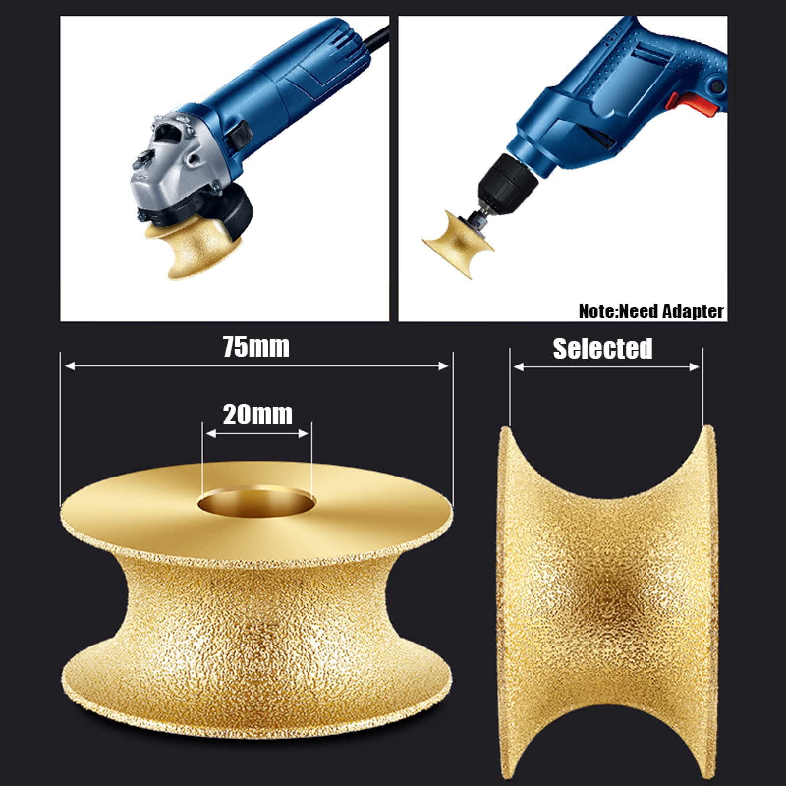 Discos de Esmerilado Manual, Muela abrasiva de Diamante soldada al vacío, Media caña, 75 mm, diámetro Interior 20, Grano 60-80, Varios tamaños(30mm)