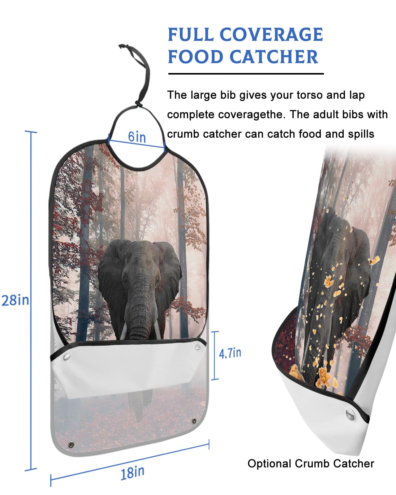Red Maple Leaf Forest Adult Bibs for Eating, Waterproof Bibs with Food Catcher & Adjustable Snap Closure, Autumn Farmhouse Elephant Washable Clothing Protectors Adult Bibs for Elderly Women/Men