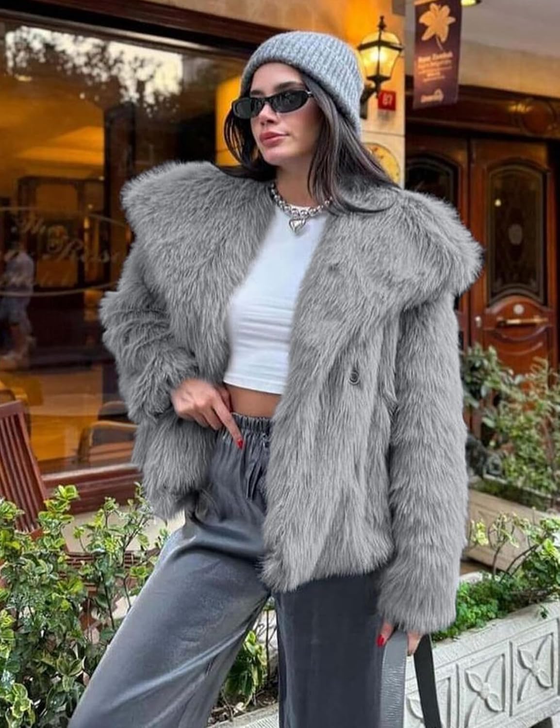 COZYPOIN Womens Faux Fur Jacket Fluffy Fur Coat Cropped Long Sleeve Lapel Button Down Fuzzy Winter Outerwear - Image 6