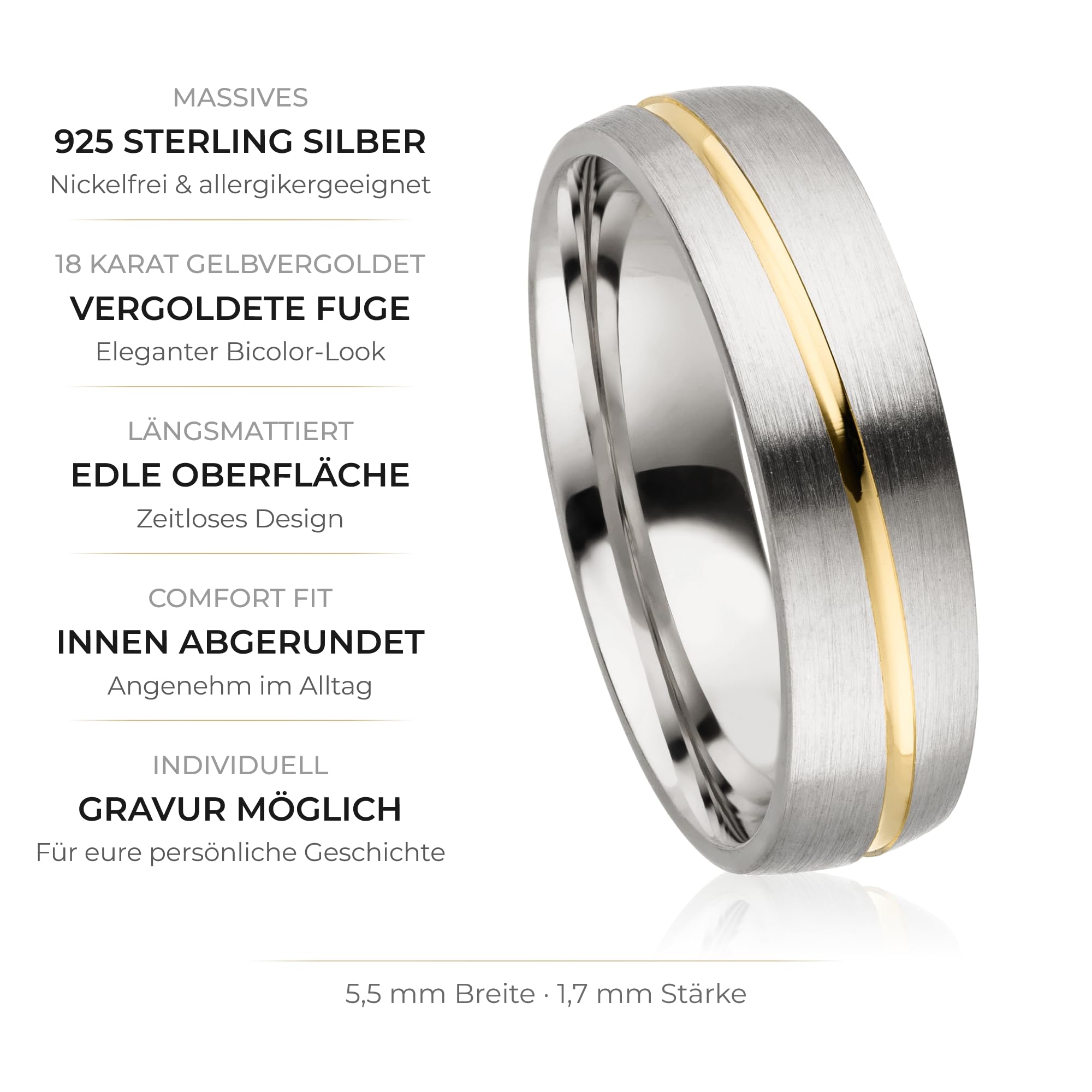 Kolibri Rings 925 Sterling Silber Ring Gelb Vergoldet Partnerring Ehering Freundschaftsring Unisex - Inkl. Gratis Gravur und Etui