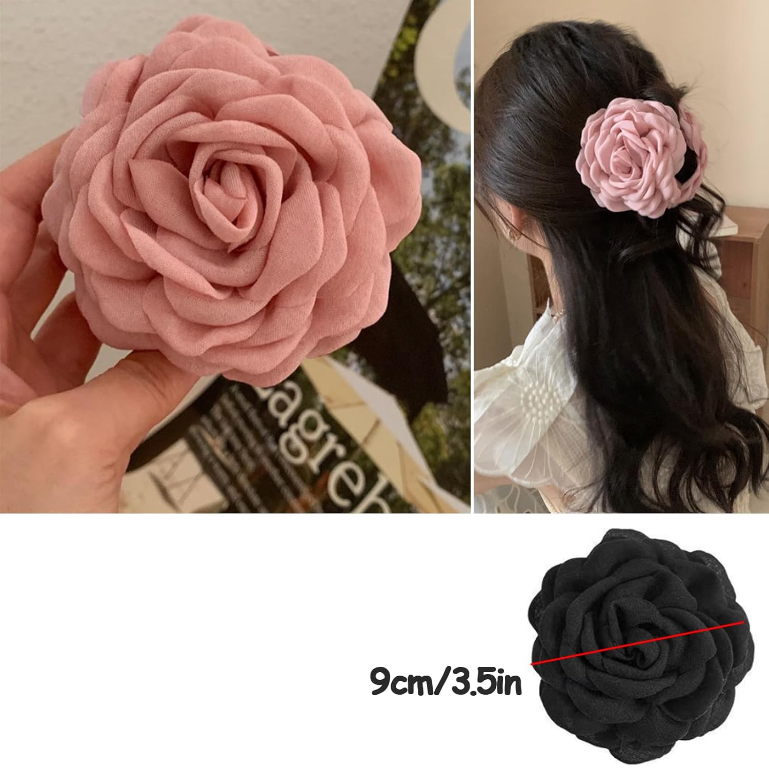 2pcs Rose Flower Hair Claw Clips Large Blooming Rose Hair Clips Floral Hair Clips Hair Claws for Women Girls (Black+Pink) - Image 3