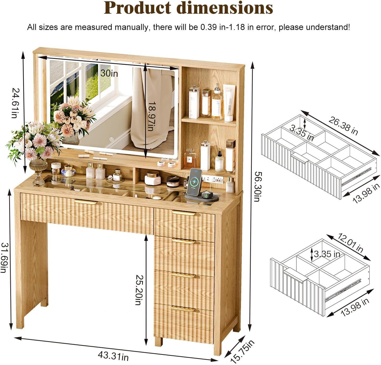 Makeup Vanity Desk with Mirror and Lights, 43.3'' Glass Tabletop Vanity Table with 5 Drawers & Shelves,Big Vanity Set for Bedroom, Oak
