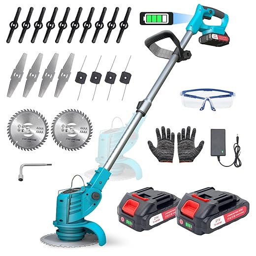 Cordless Electric Brushcutter, 800W Battery Brushcutter, Cordless Edge Cutter with 2 x 21V Battery, 9000 RPM, Telescopic Handle 71-106 cm, 4 Types of Blades, for Garden