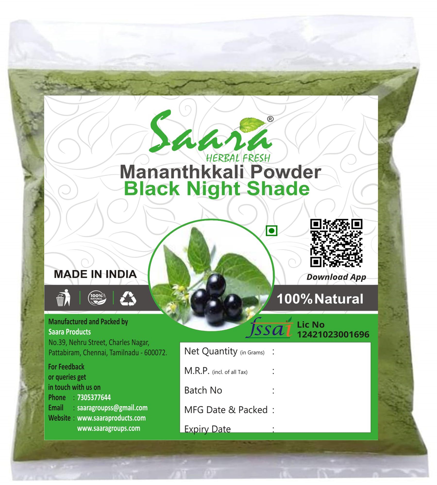 Saara HERBAL FRESH Manathakkali Powder, 400g, Black Nightshade, Makoy Leaf, Solanum Nigrum, Piludi, Kachchipandu Powder, (Pack of 4 X 100g)