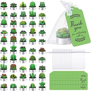 Loopeer 50 Sets Cactus Candles Succulent Candles with 50 Organza Bags and 50 Thank You Tags Succulent Party Favors Baby Shower Gifts Cactus Decorative Tealights for Guests Prizes Bridal Shower Wedding