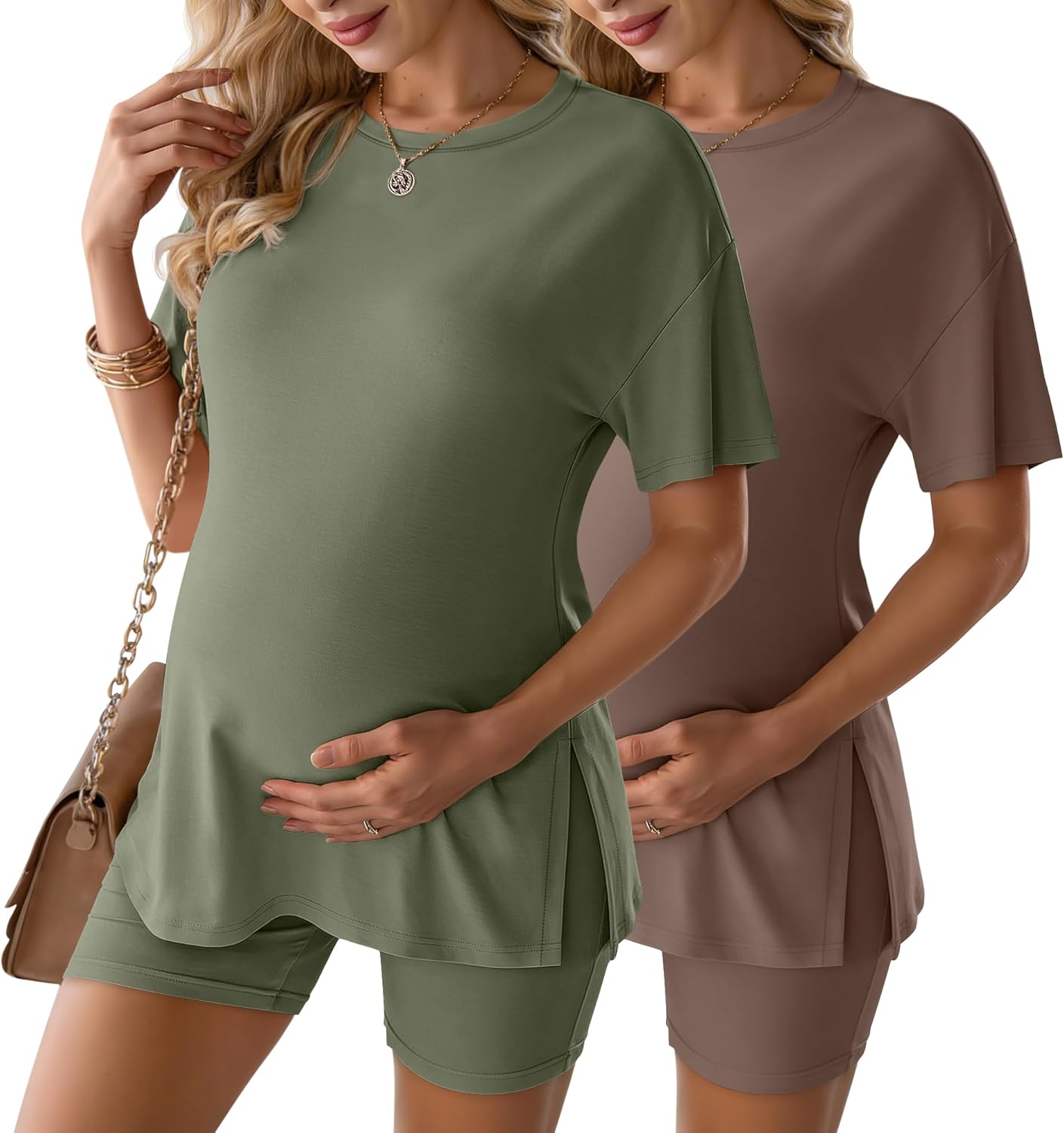 4 Pcs Women's Maternity Pajamas Sets Lounge Pregnancy PJS Outfits Side Slit Short Sleeve Shirts Loungewear Shorts