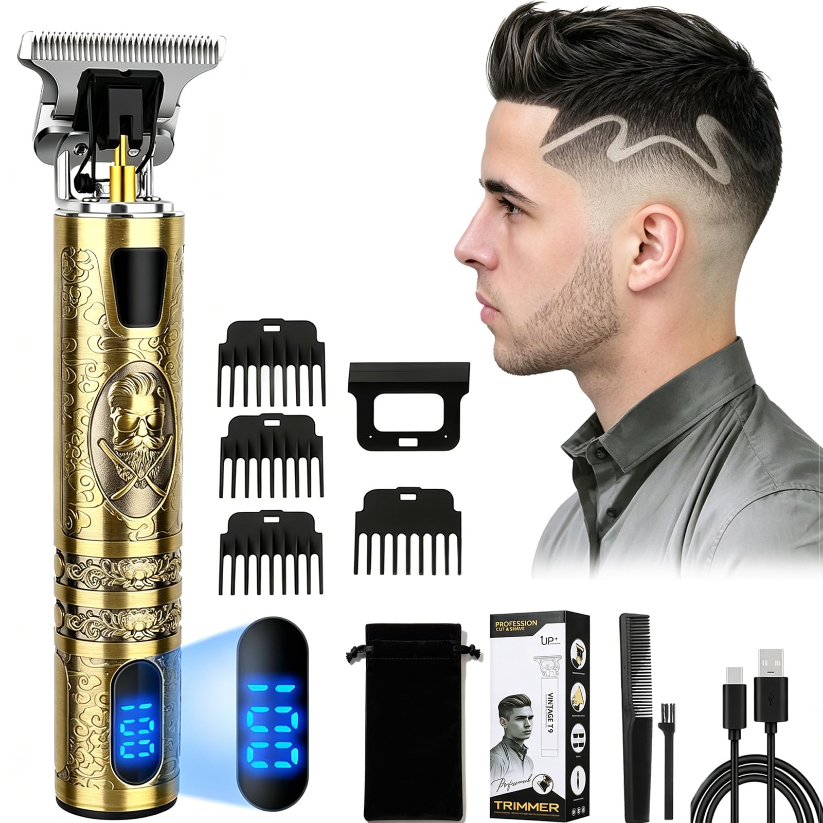 Maquina de Cortar Pelo Hombre, Profesional Maquina de Afeitar Hombre, Cortar el Pelo para Contornos con Cuchilla T Zero Gap, 4 Peines (1.5-4mm) Recortadora de Barba Recargable con LED (Huzi)