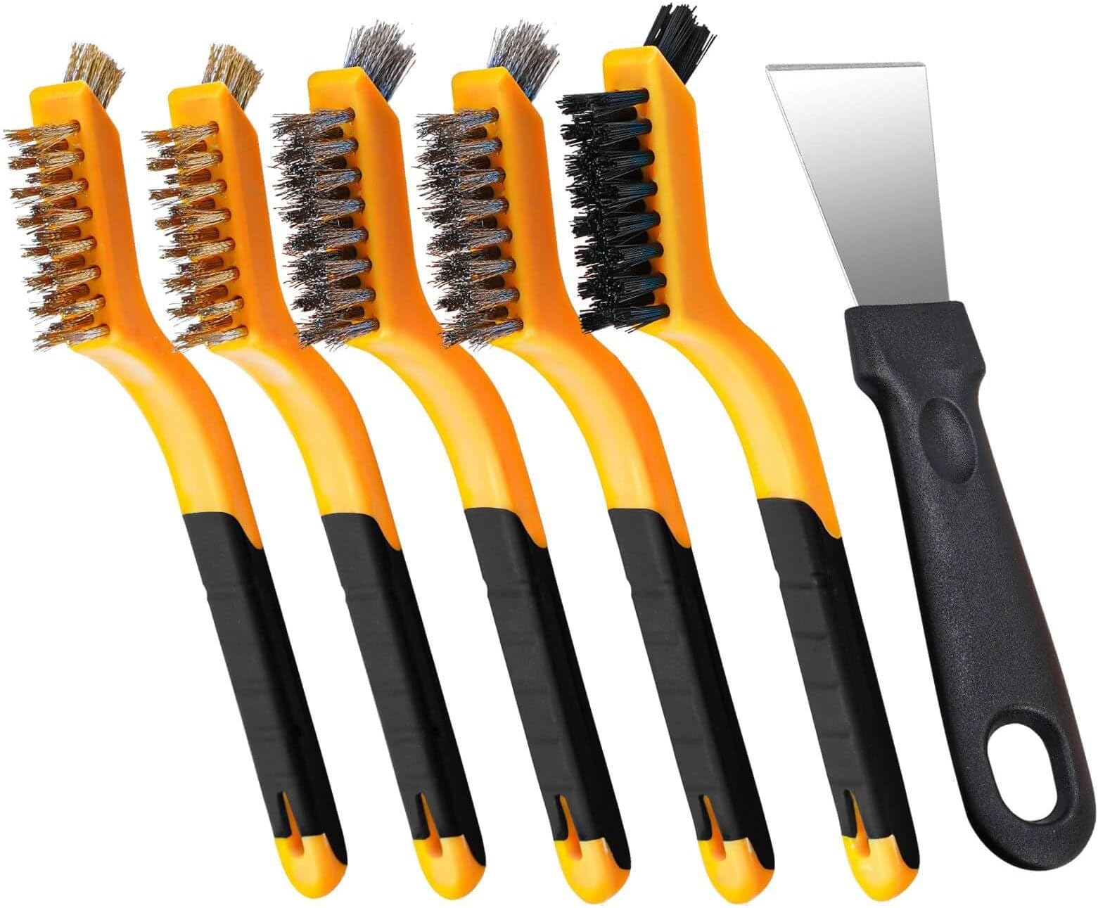 6 Pcs Premium Wire Brush Set, Brass/Nylon/Steel Brushes with Curved Handle, Cleaning Spatula, Removes Rust, Scratches, Weld Slag, Paint & Stain