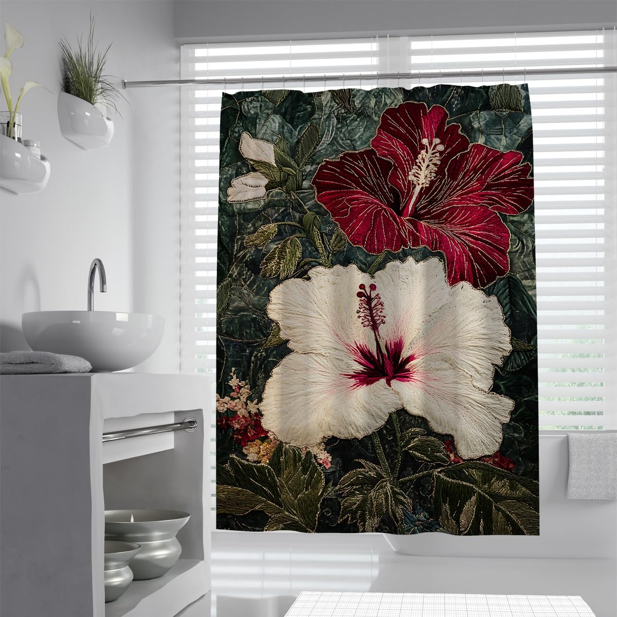UIRINGART Retro Tropical Hibiscus Shower Curtain W180xL180cm Dark Red White Botanical Pattern Anti Mould Quick Dry Bathroom Curtain Home Hotel With Hooks
