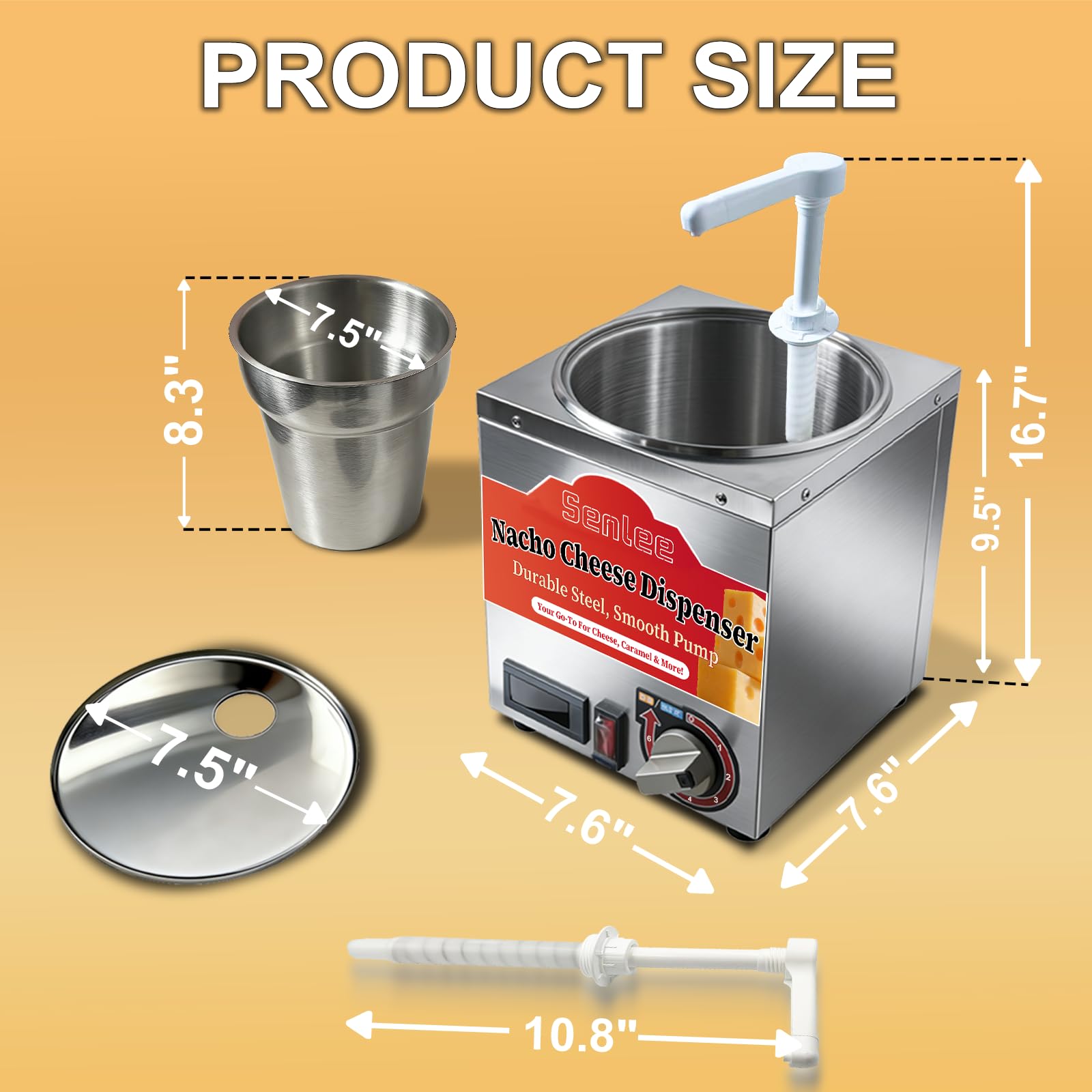Dispensador de queso Nacho con bomba de 2 piezas, calentador de salsa de caramelo caliente de acero inoxidable de 4.6 cuartos de galón con control de temperatura de 6 niveles, máquina de queso