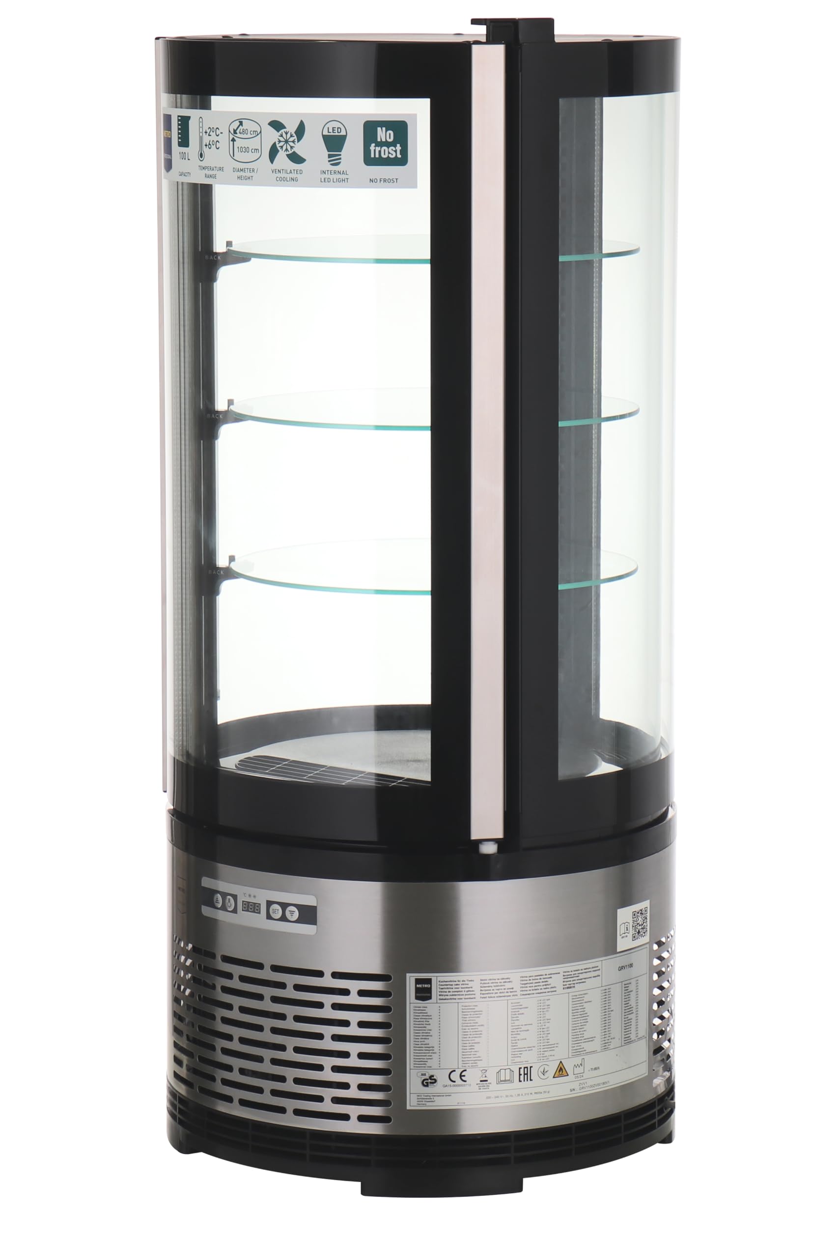 METRO Professional Vitrina expositora GRV1100, acero inoxidable/vidrio, 48x48x103 cm, 100L, enfr. por ventilación, 210 W, panel digital, negro/plata