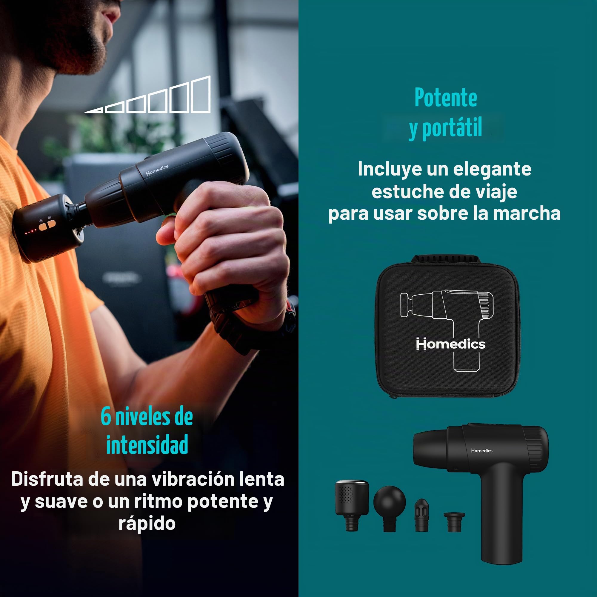Homedics NOVO+ Hot & Cold Pistola de Masaje de Calor y Frío | Pistola de Masaje Muscular, Control de Temperatura, 4 Accesorios, 6 Intensidades, Tejido Profundo, Estuche de Viaje