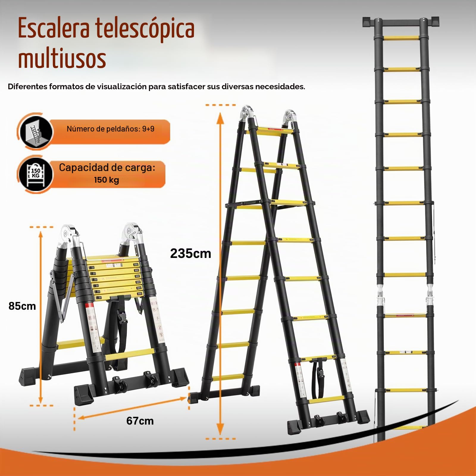 TEENO 5M (2.5+2.5) Escalera Telescópica de Aluminio, Escalera Multipropósito Antideslizante Escaleras Telescópicas Portátiles con 2 Polea Doble y Barra Estabilizadora, Carga Máxima 150 kg, Negro