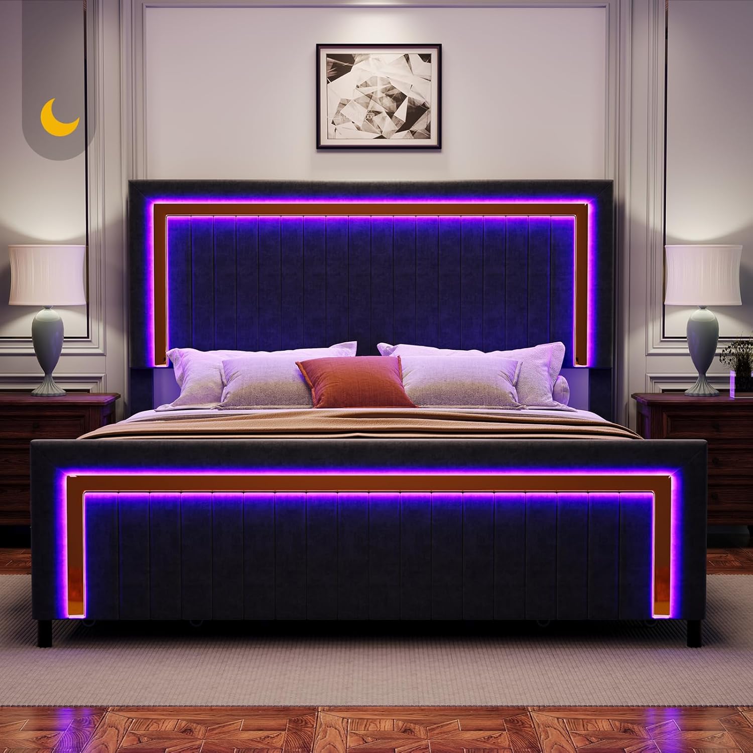 Jocisland Queen Size Upholstered LED Bed Frame with 4 Storage Drawers, Velvet Platform Bedframe with Channel Tufted Adjustable Headboard, Wooden Slats Support, No Box Spring Needed, Black