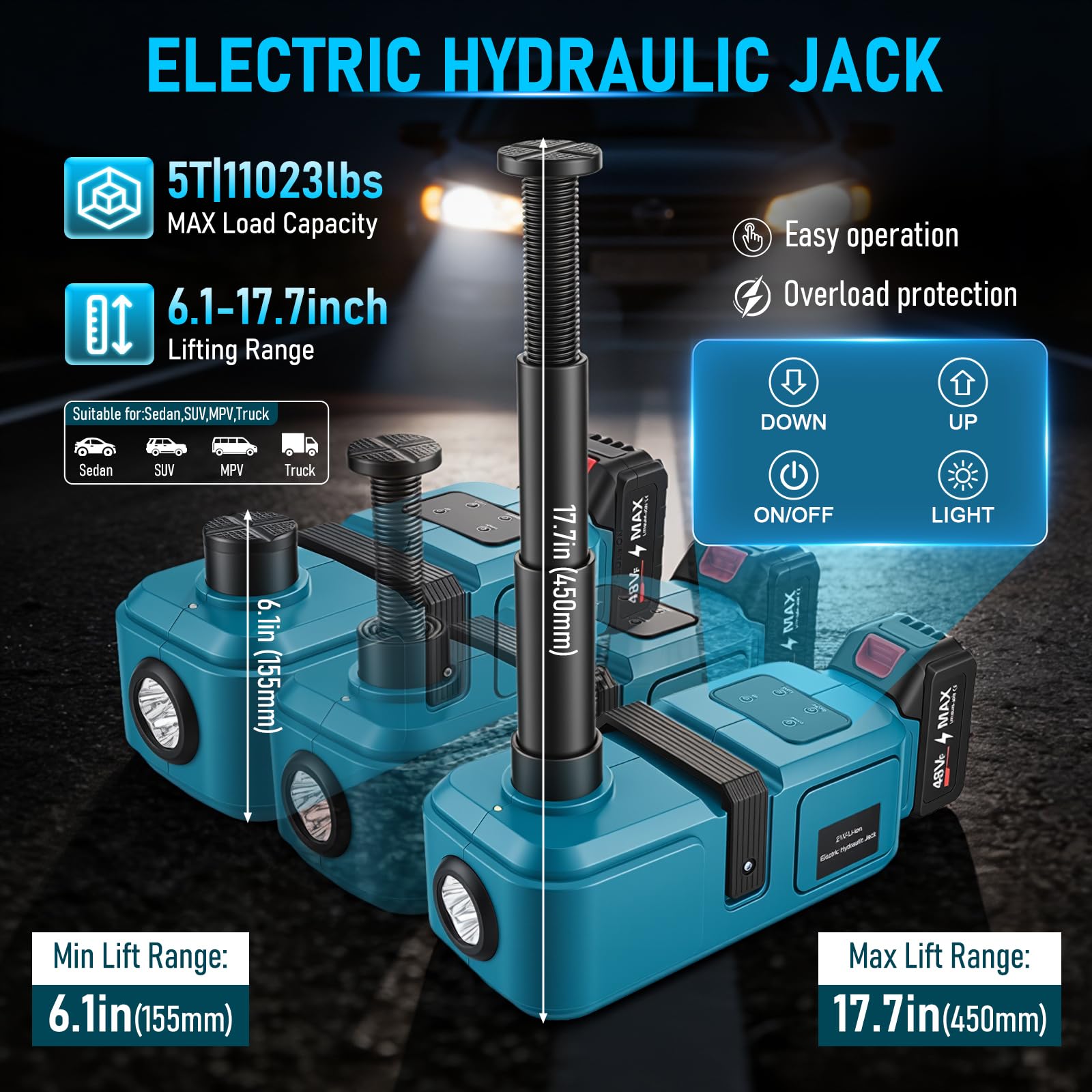 Elektrischer Wagenheber 5T, Wagenheber Auto Kompatibel mit Makita 21V, Akku Hydraulik Wagenheber mit Fernbedienung & LED-Beleuchtung, für SUV, Auto, LKW, Reifenwechsel Hubbereich 15,5–45 cm