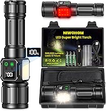 NIWOHOM Linternas LED Alta Potencia, Linterna LED Recargable 500000 Lúmenes Potente, Linterna Tactica Policial IPX67 Impermeable 9 Modos Portátil Linternas para Emergencia Camping Senderismo