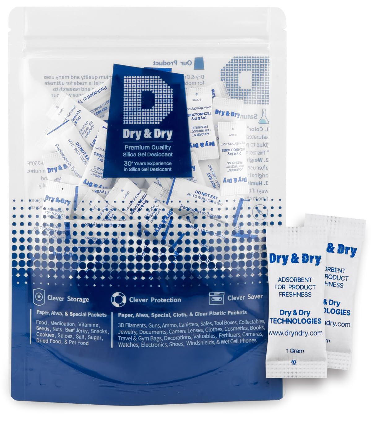 Dry & Dry 1 gramme [100 paquets] Packs de gel de silice de séchage sûrs pour les aliments et les produits pharmaceutiques - Packs de gel de silice Tyvek Rechargeables, absorbants d'humidité