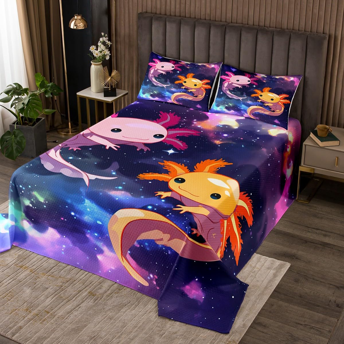 Feelyou Axolotl Quilted Coverlet Queen for Kids Boys Girls Cartoon Salamander Bedspread Ocean Sealife Coverlet Set Kawaii Quilted with 2 Pillow Case